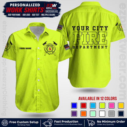 Custom Fire Department Shirt with Name, City Logo & Text | Firefighter Uniform | Button Up Work Shirt FF07