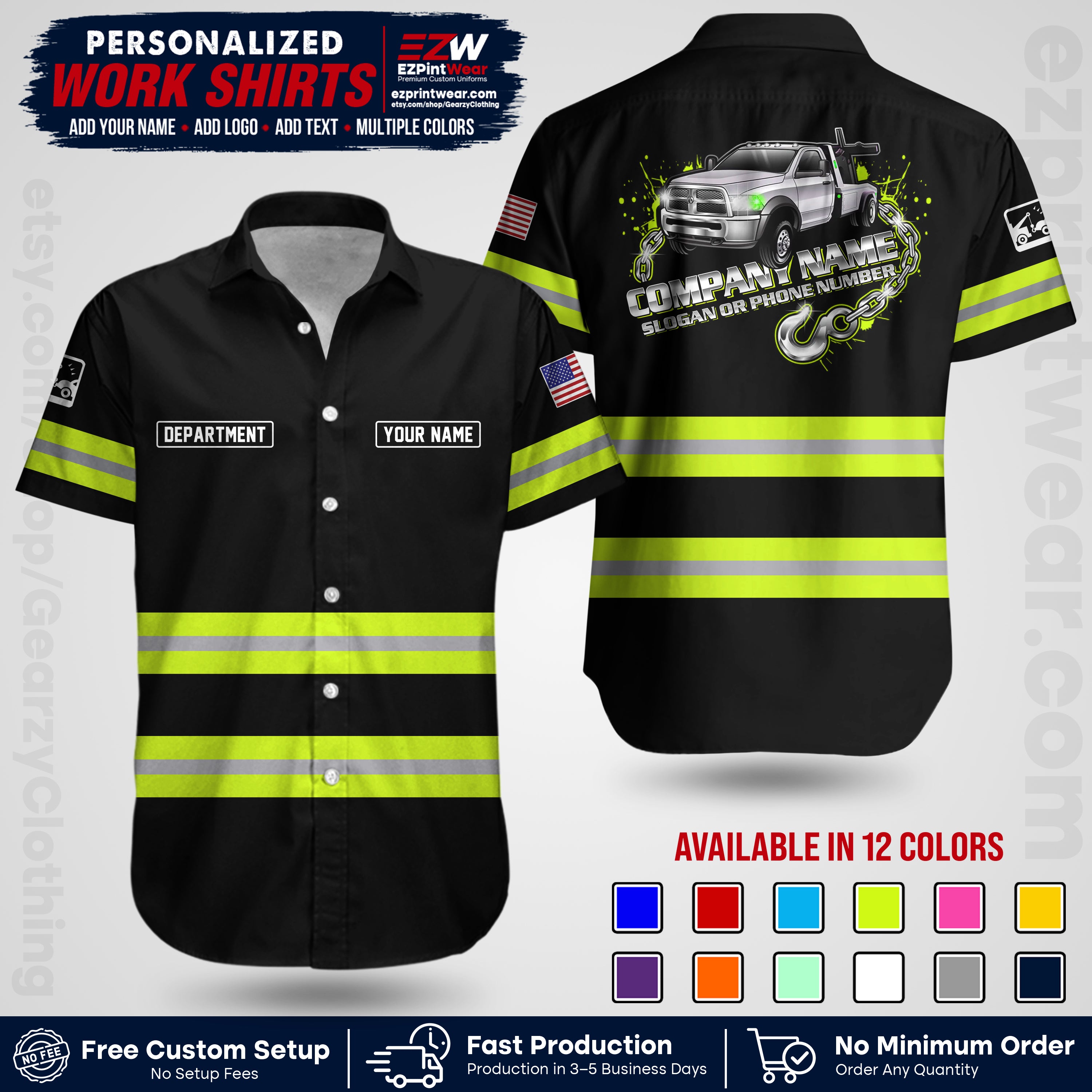 Custom Towing Workwear Uniform | Personalized Tow Truck Shirt | Non-Reflective Safety Stripe Apparel | Custom Towing Shirt | Tow Truck Apparel TW05