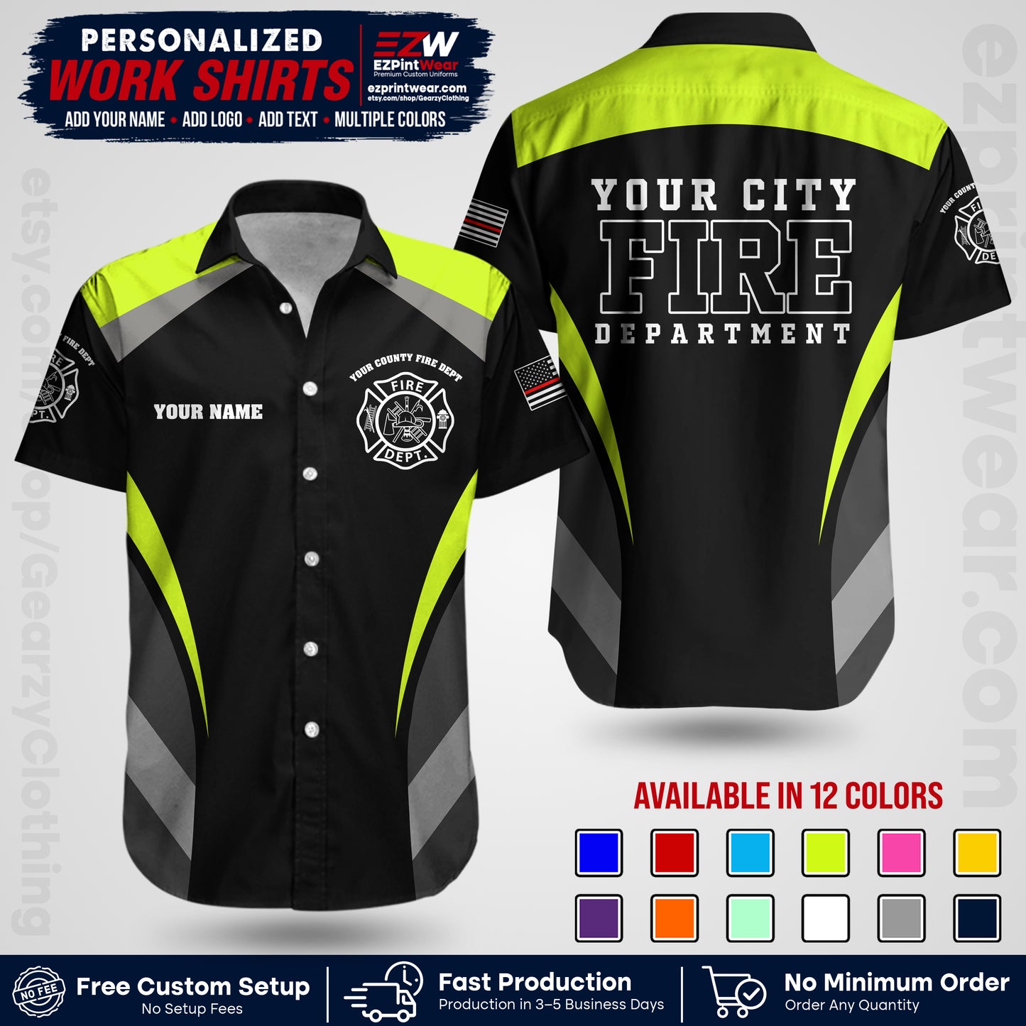Custom Fire Department Shirt with Name, City Logo & Text | Firefighter Uniform | Button Up Work Shirt FF02
