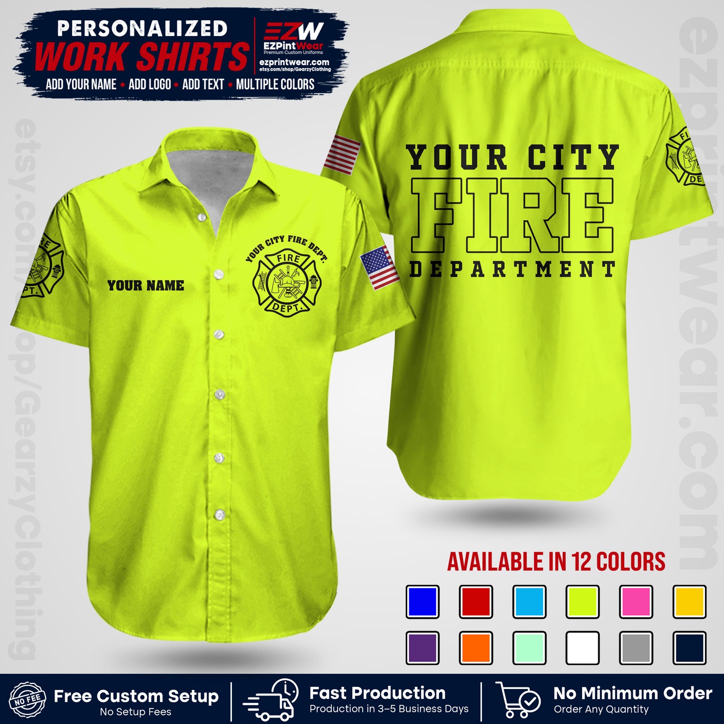 Custom Fire Department Shirt with Name, City Logo & Text | Firefighter Uniform | Button Up Work Shirt FF01