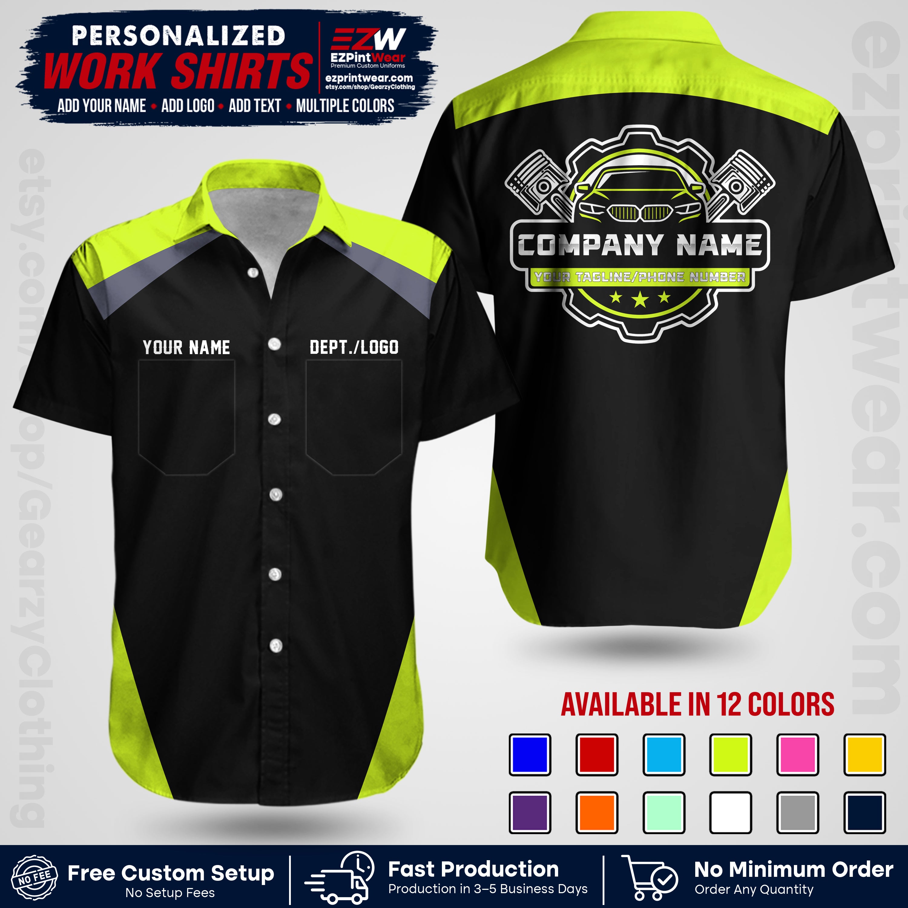 Custom Mechanic Work Shirt with Name, Logo & Text | Auto Shop Uniform | Workwear MCN 03