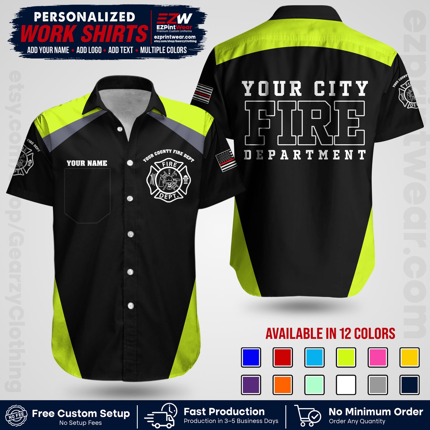 Custom Fire Department Shirt with Name, City Logo & Text | Firefighter Uniform | Button Up Work Shirt FF04