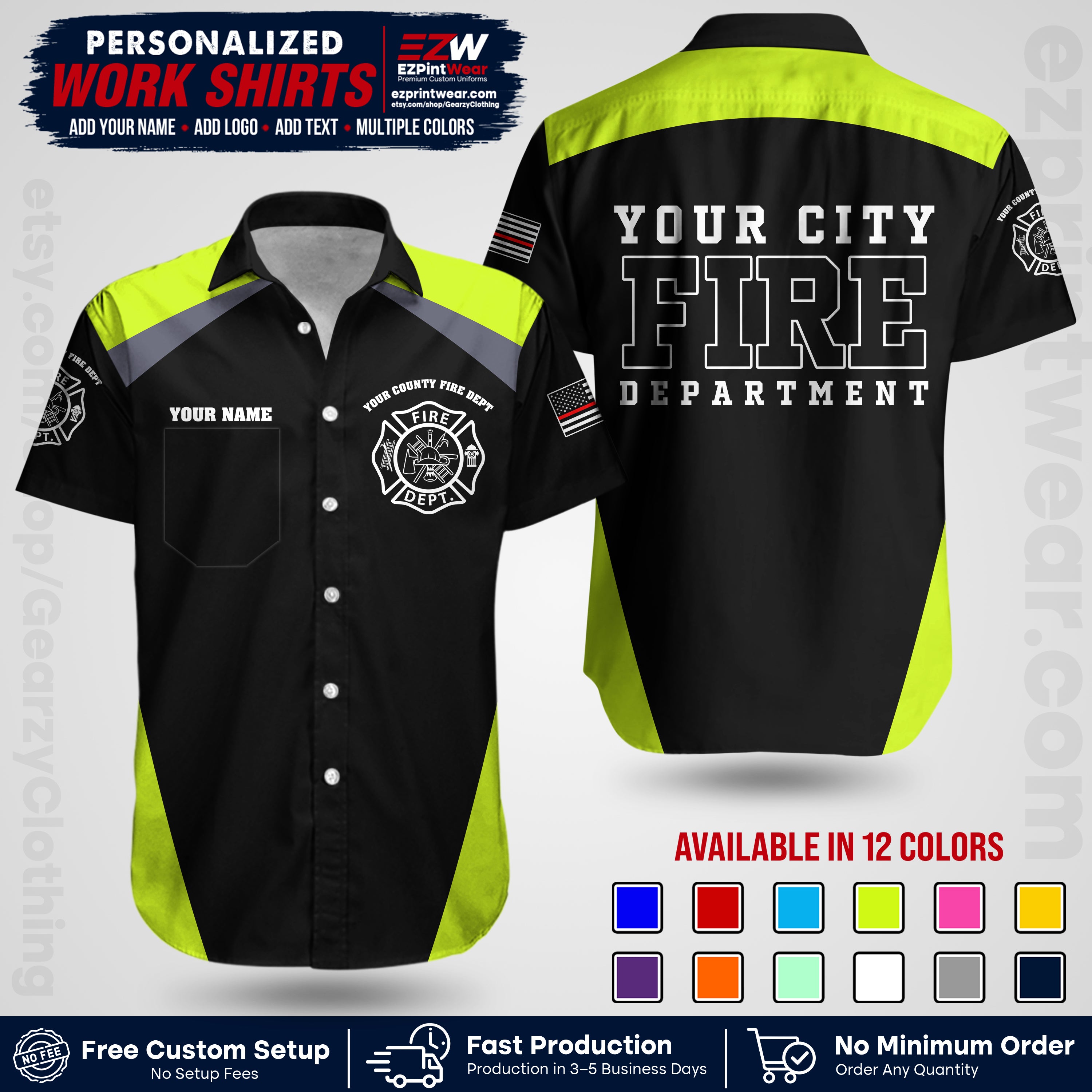 Custom Fire Department Shirt with Name, City Logo & Text | Firefighter Uniform | Button Up Work Shirt FF04
