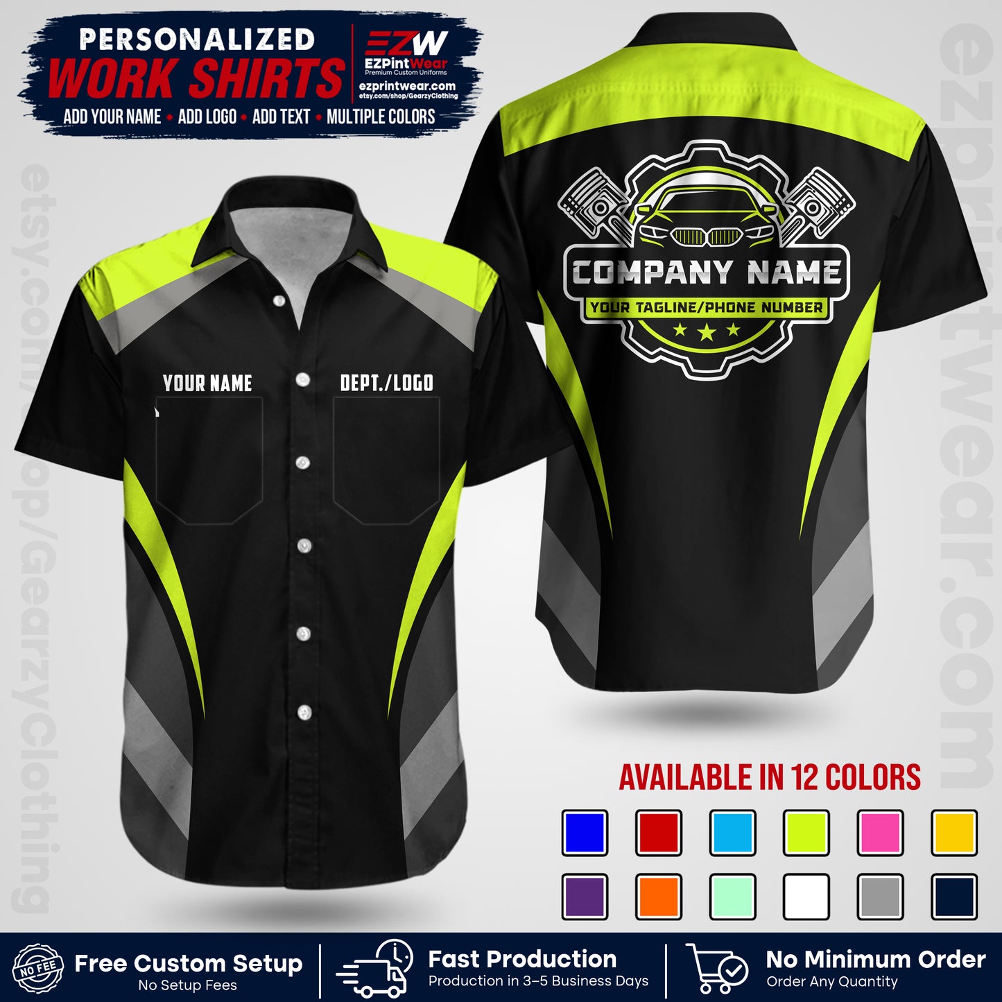 Custom Mechanic Work Shirt with Name, Logo & Text | Auto Shop Uniform | Workwear MCN 05