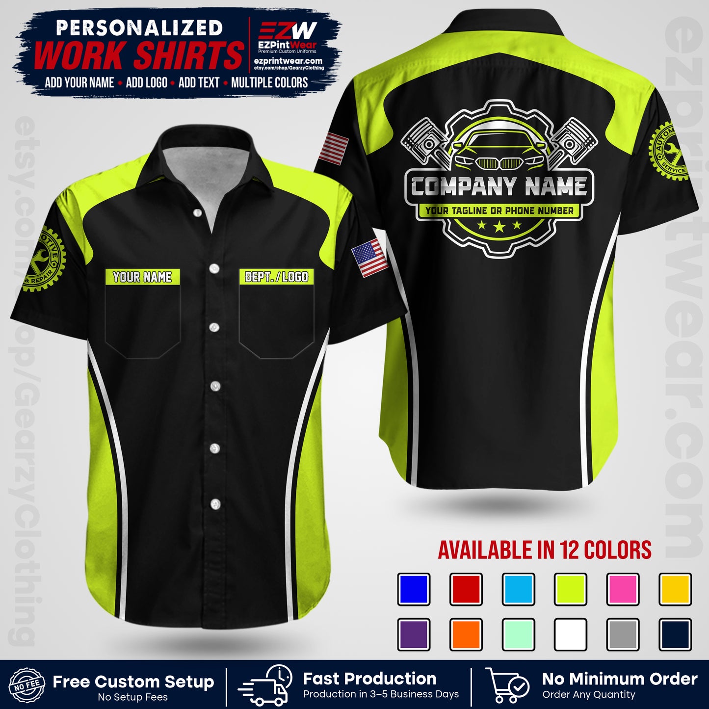 Custom Mechanic Work Shirt with Name, Logo & Text | Auto Shop Uniform | Workwear MCN 10