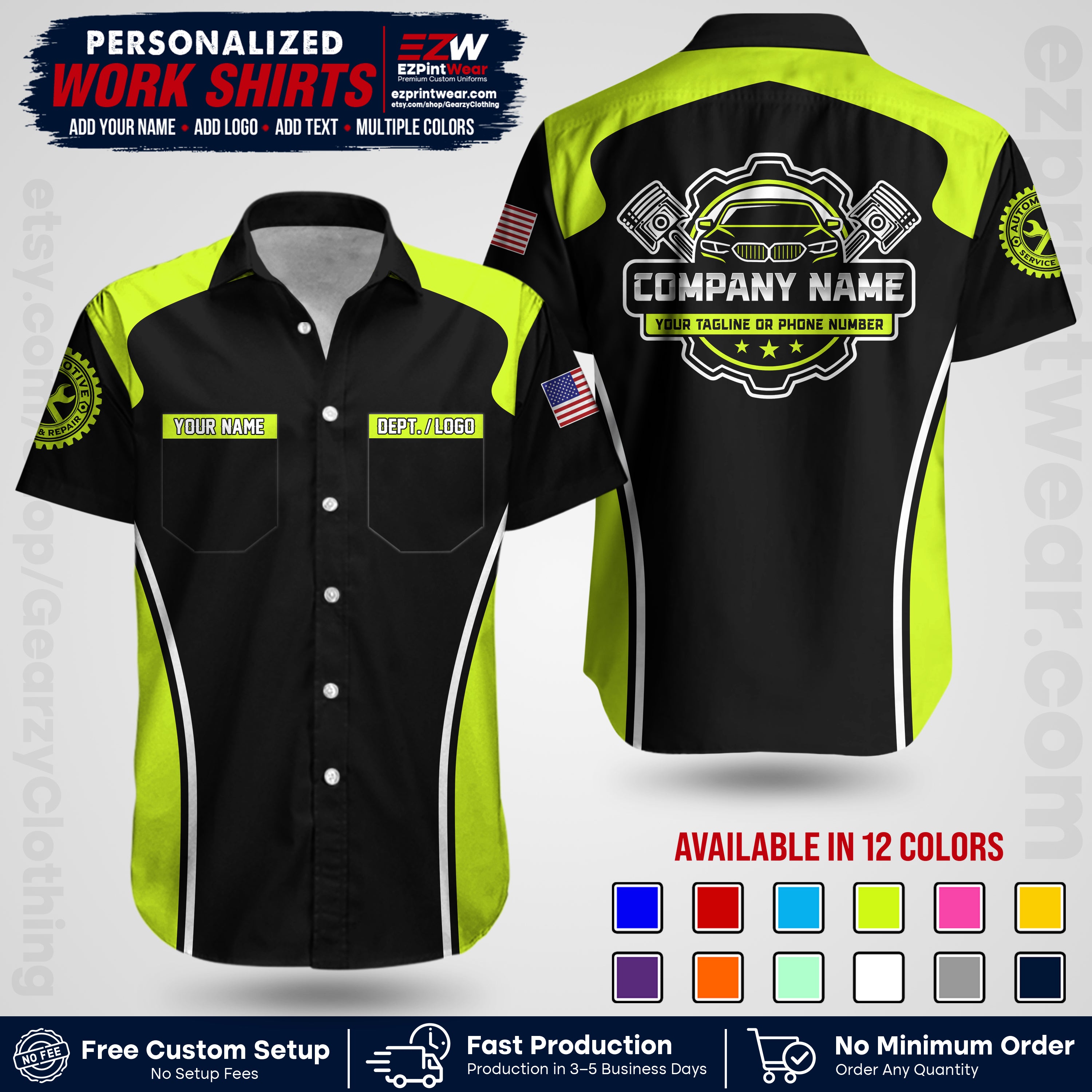 Custom Mechanic Work Shirt with Name, Logo & Text | Auto Shop Uniform | Workwear MCN 10