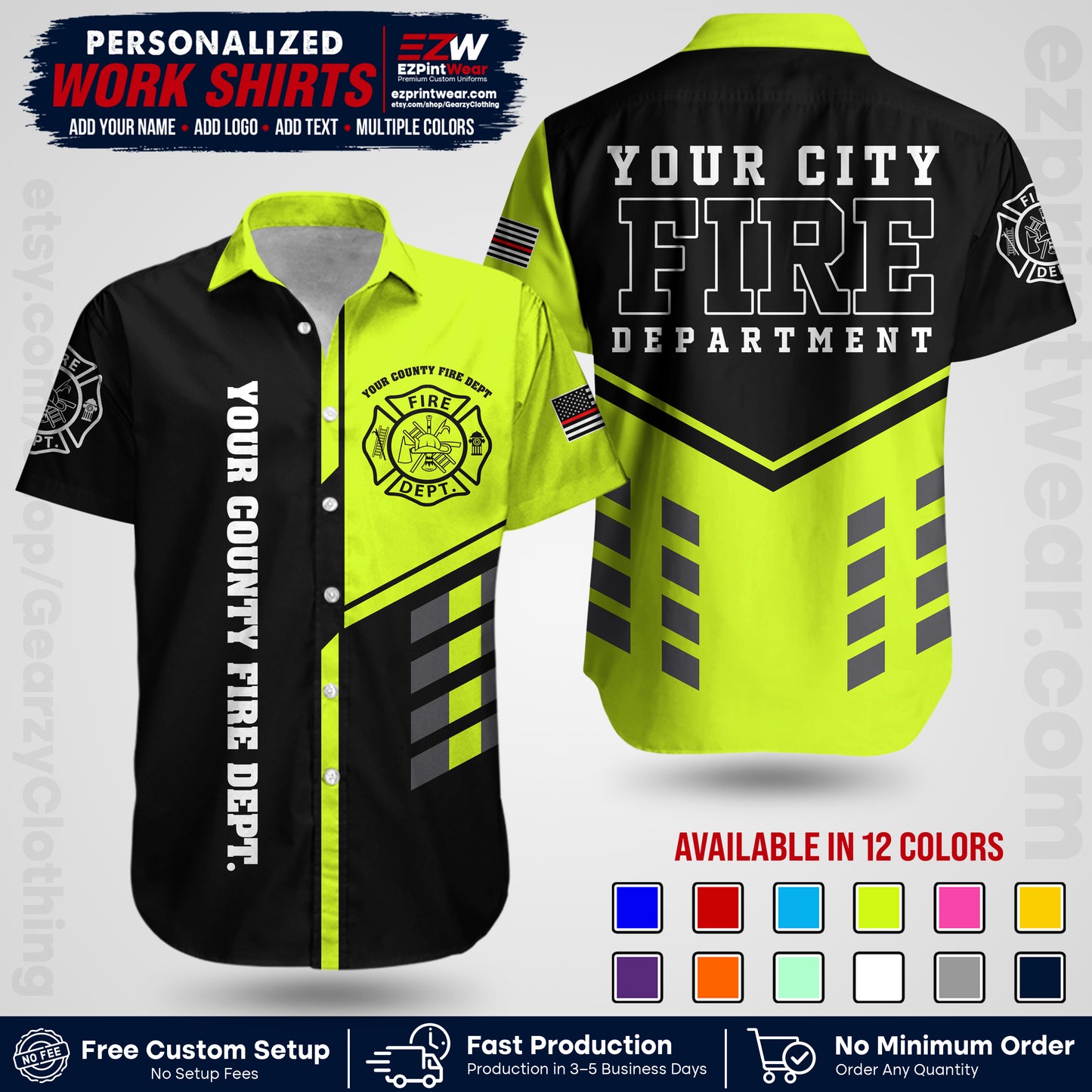 Custom Fire Department Shirt with Name, City Logo & Text | Firefighter Uniform | Button Up Work Shirt FF03