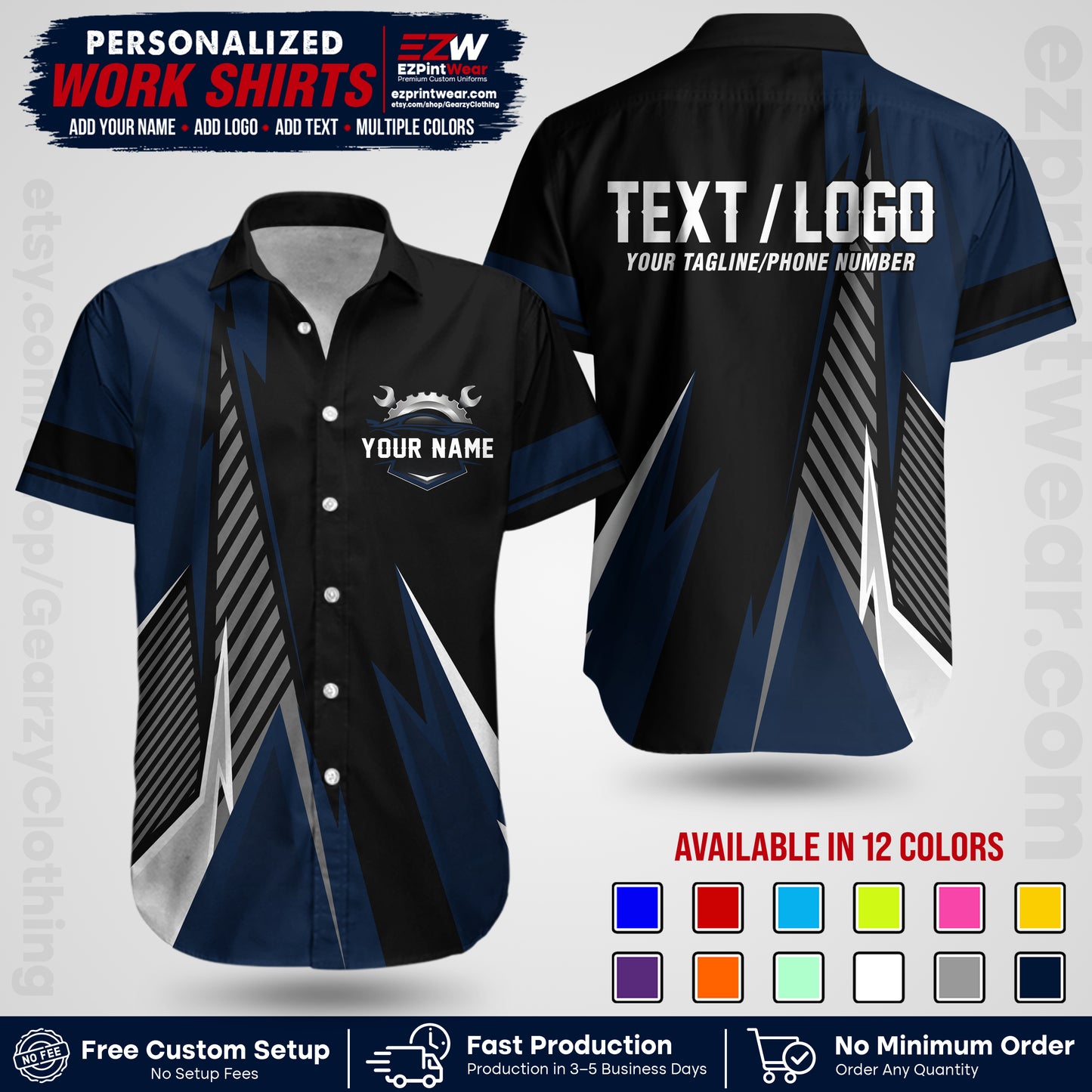 Custom Mechanic Work Shirt with Name, Logo & Text | Auto Shop Uniform | Workwear MCN 01