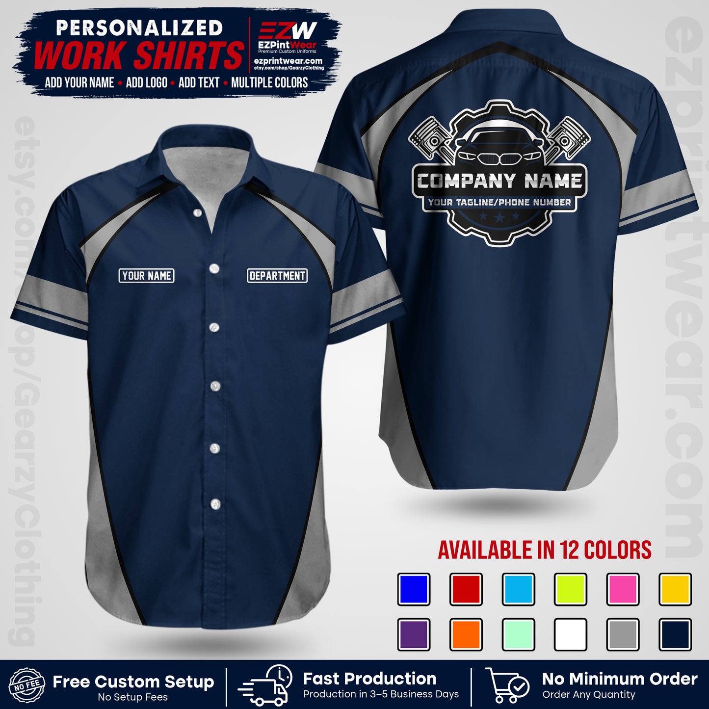 Custom Mechanic Work Shirt with Name, Logo & Text | Auto Shop Uniform | Workwear MCN 09