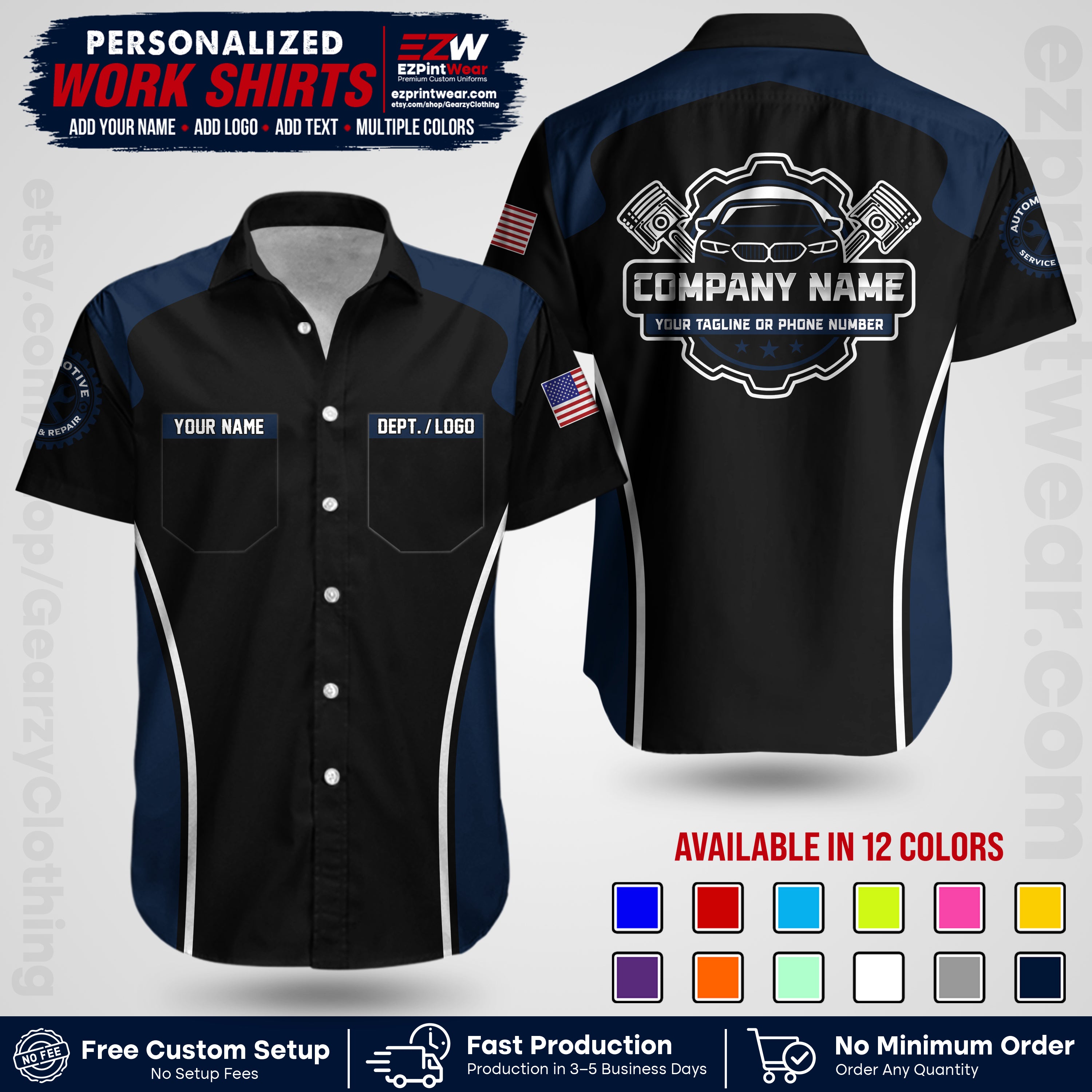 Custom Mechanic Work Shirt with Name, Logo & Text | Auto Shop Uniform | Workwear MCN 10