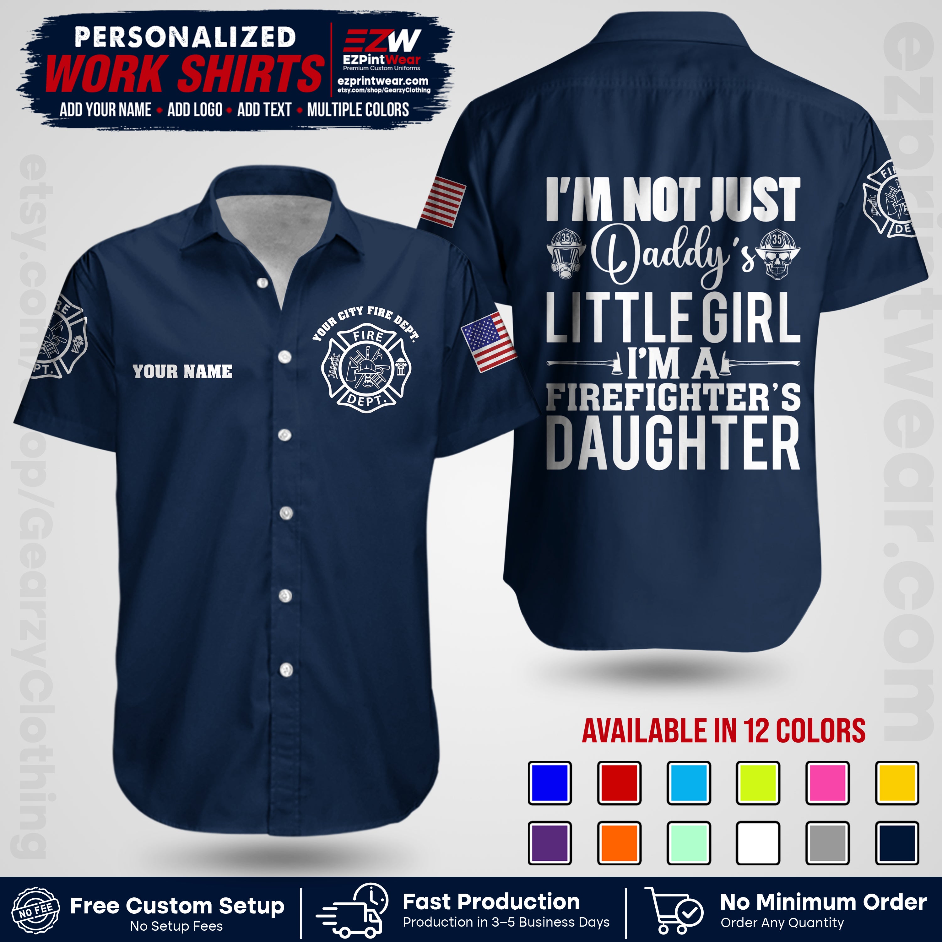 Custom Fire Department Shirt with Name, City Logo & Text | Firefighter Uniform | Button Up Work Shirt FF08