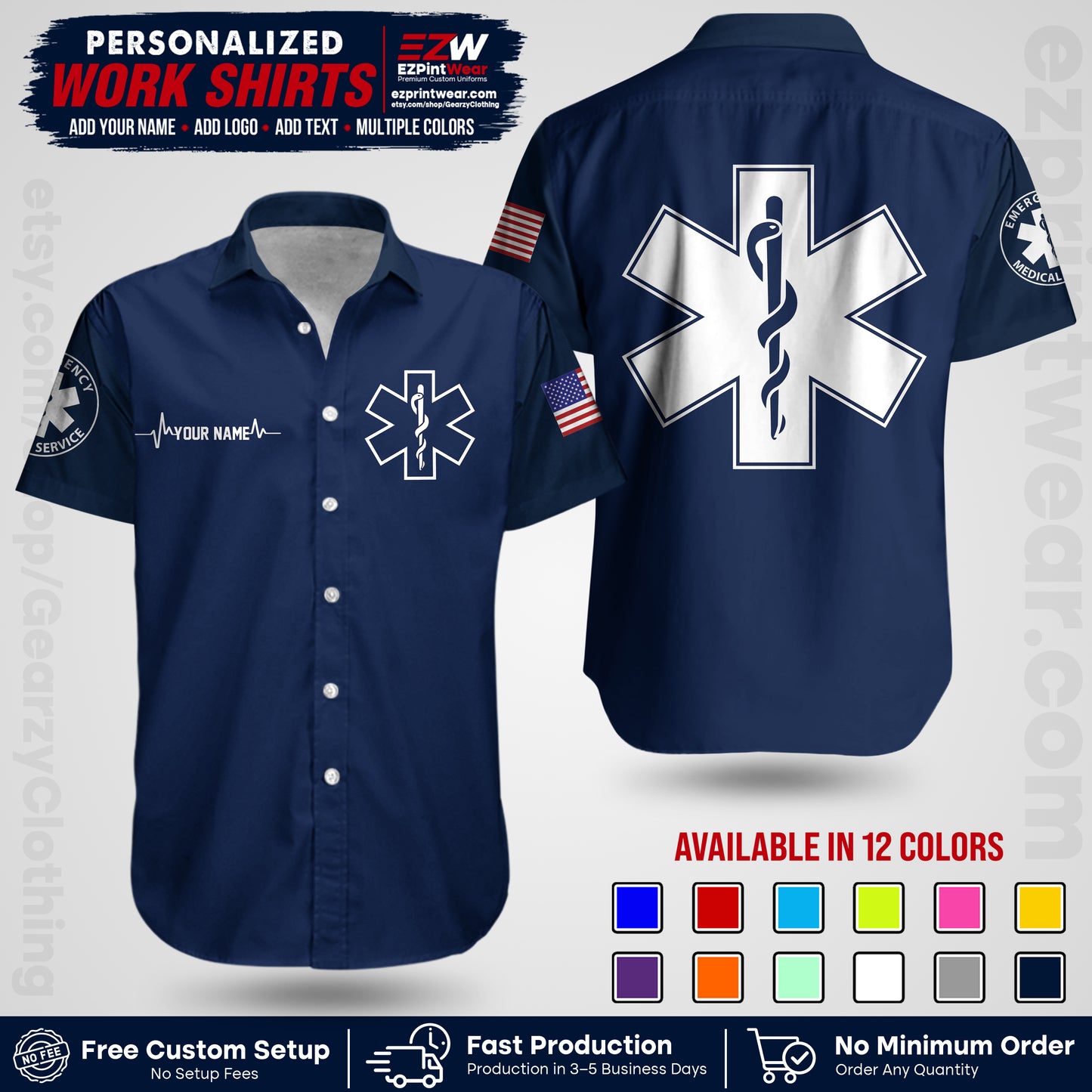 Custom EMS Shirt with Name, Logo & Text | EMS Team Uniform | First Responder Workwear EMSU04