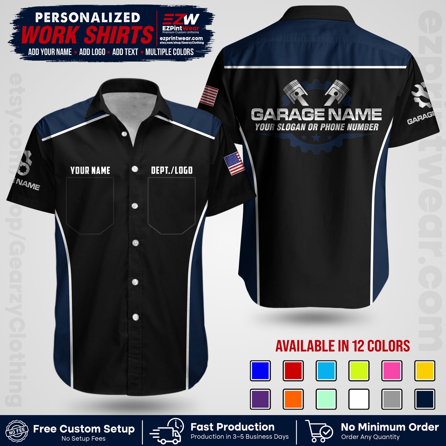 Custom Mechanic Work Shirt with Name, Logo & Text | Auto Shop Uniform | Workwear MCN 07
