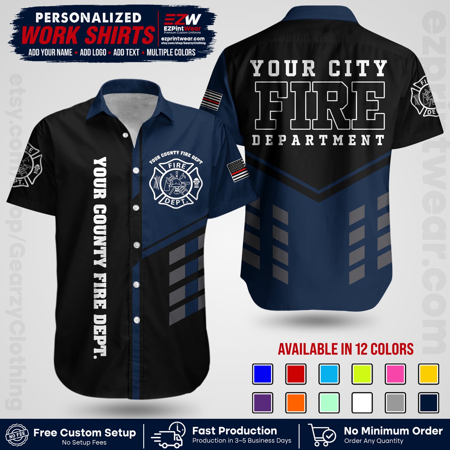 Custom Fire Department Shirt with Name, City Logo & Text | Firefighter Uniform | Button Up Work Shirt FF03