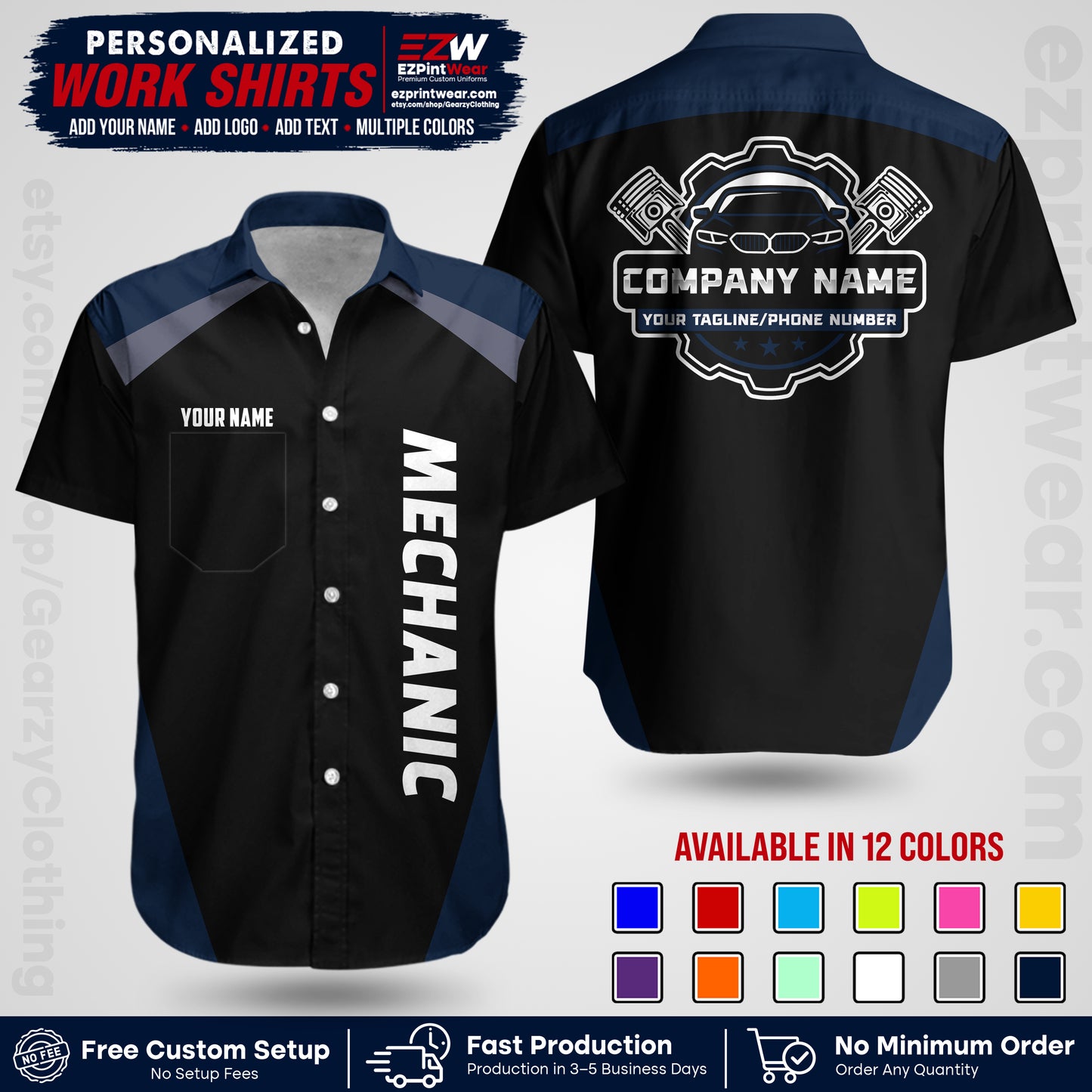 Custom Mechanic Work Shirt with Name, Logo & Text | Auto Shop Uniform | Workwear MCN 02