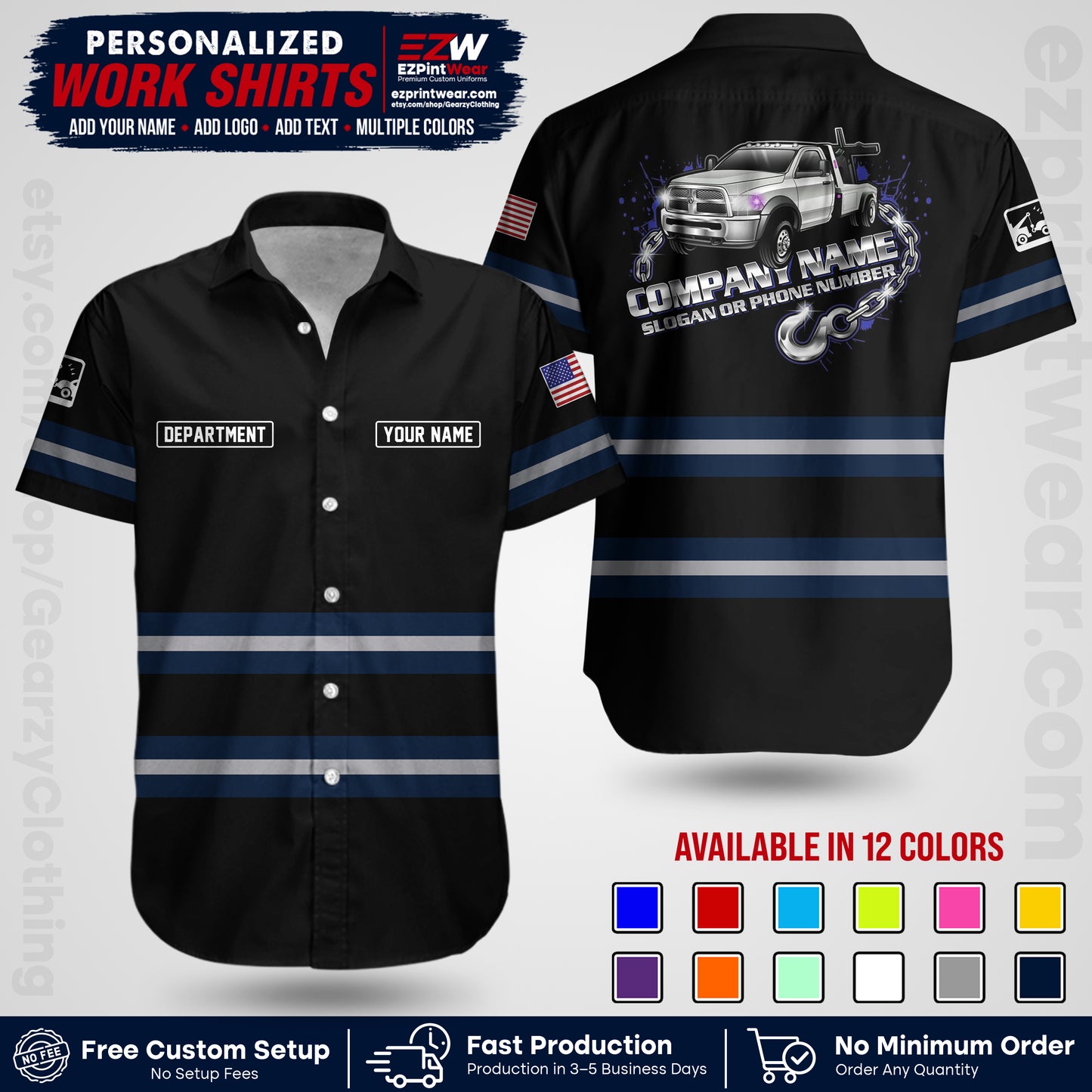 Custom Towing Workwear Uniform | Personalized Tow Truck Shirt | Non-Reflective Safety Stripe Apparel | Custom Towing Shirt | Tow Truck Apparel TW05
