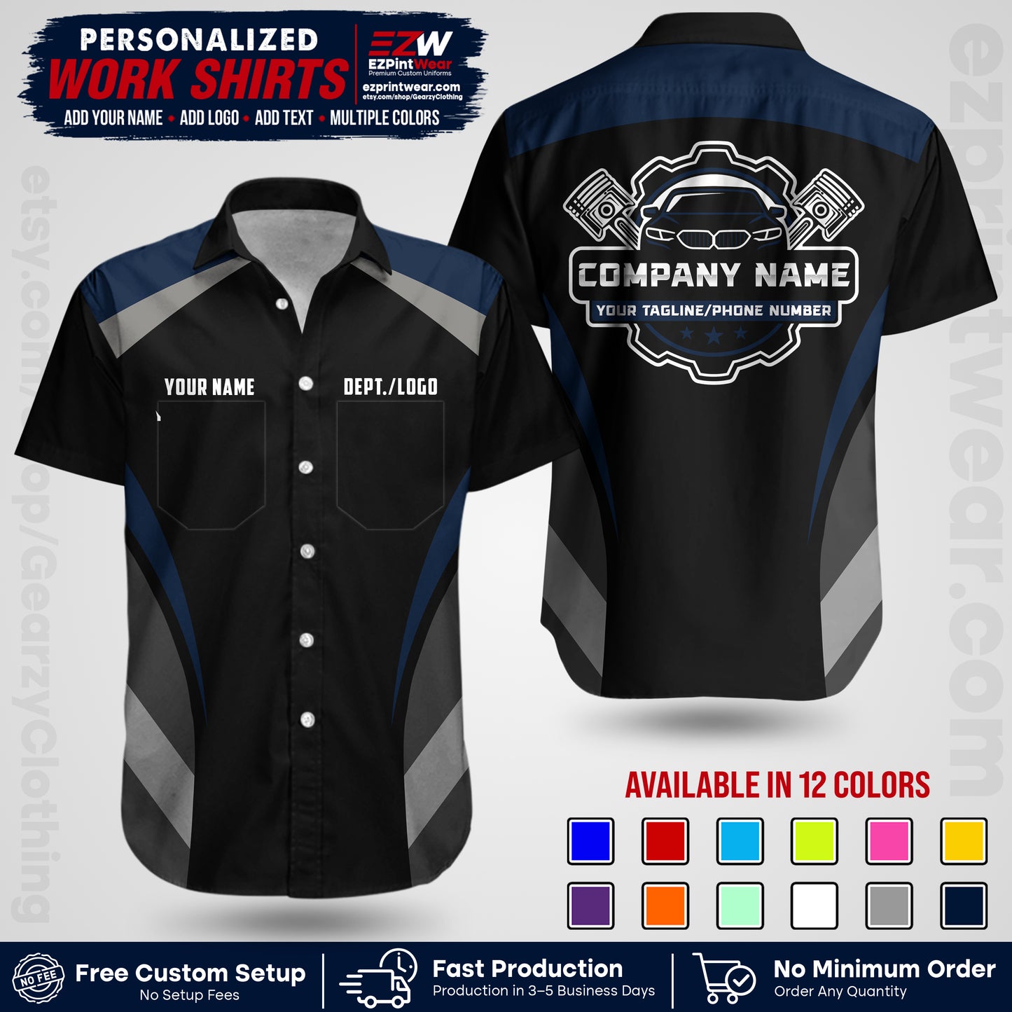 Custom Mechanic Work Shirt with Name, Logo & Text | Auto Shop Uniform | Workwear MCN 05