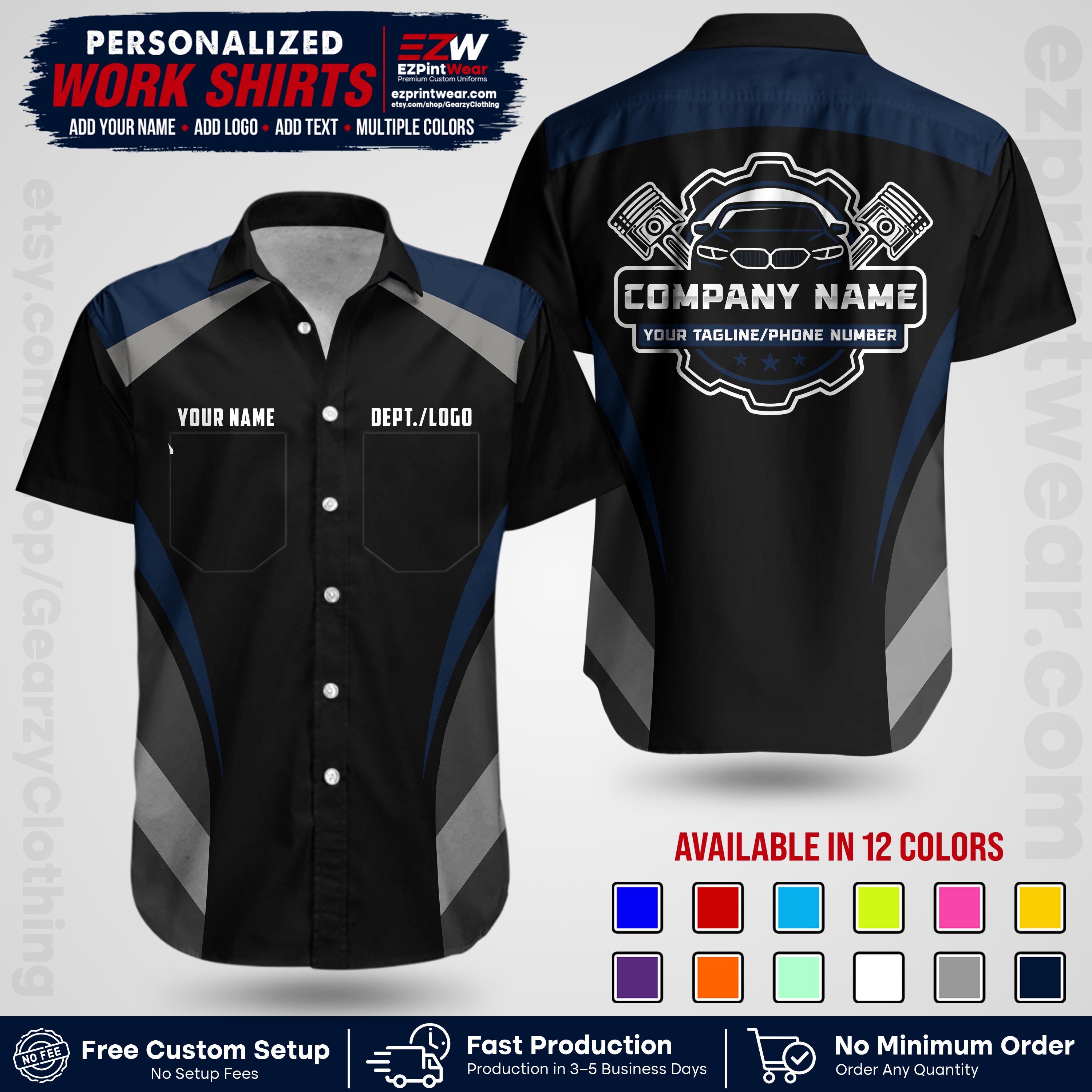 Custom Mechanic Work Shirt with Name, Logo & Text | Auto Shop Uniform | Workwear MCN 05