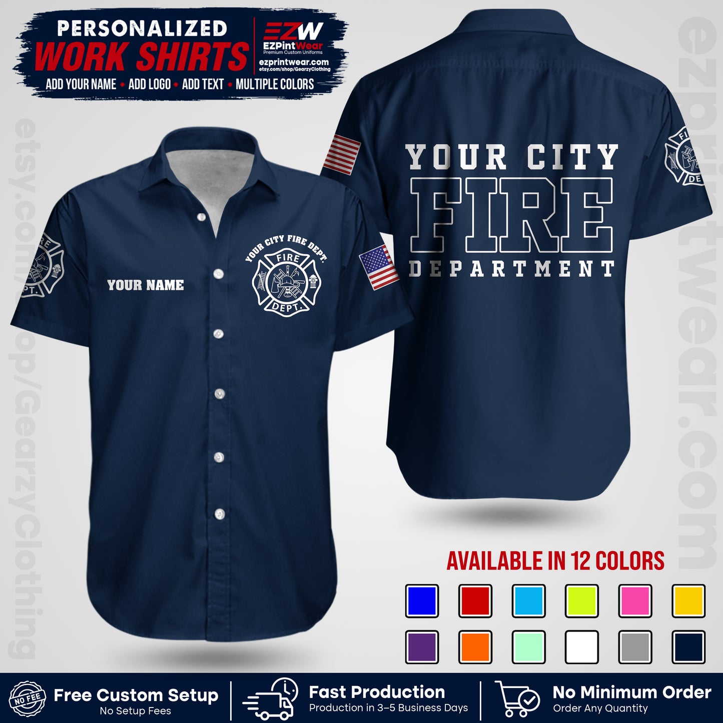 Custom Fire Department Shirt with Name, City Logo & Text | Firefighter Uniform | Button Up Work Shirt FF01