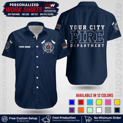Custom Fire Department Shirt with Name, City Logo & Text | Firefighter Uniform | Button Up Work Shirt FF07