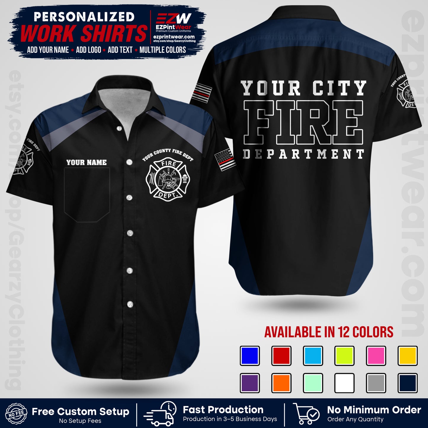 Custom Fire Department Shirt with Name, City Logo & Text | Firefighter Uniform | Button Up Work Shirt FF04