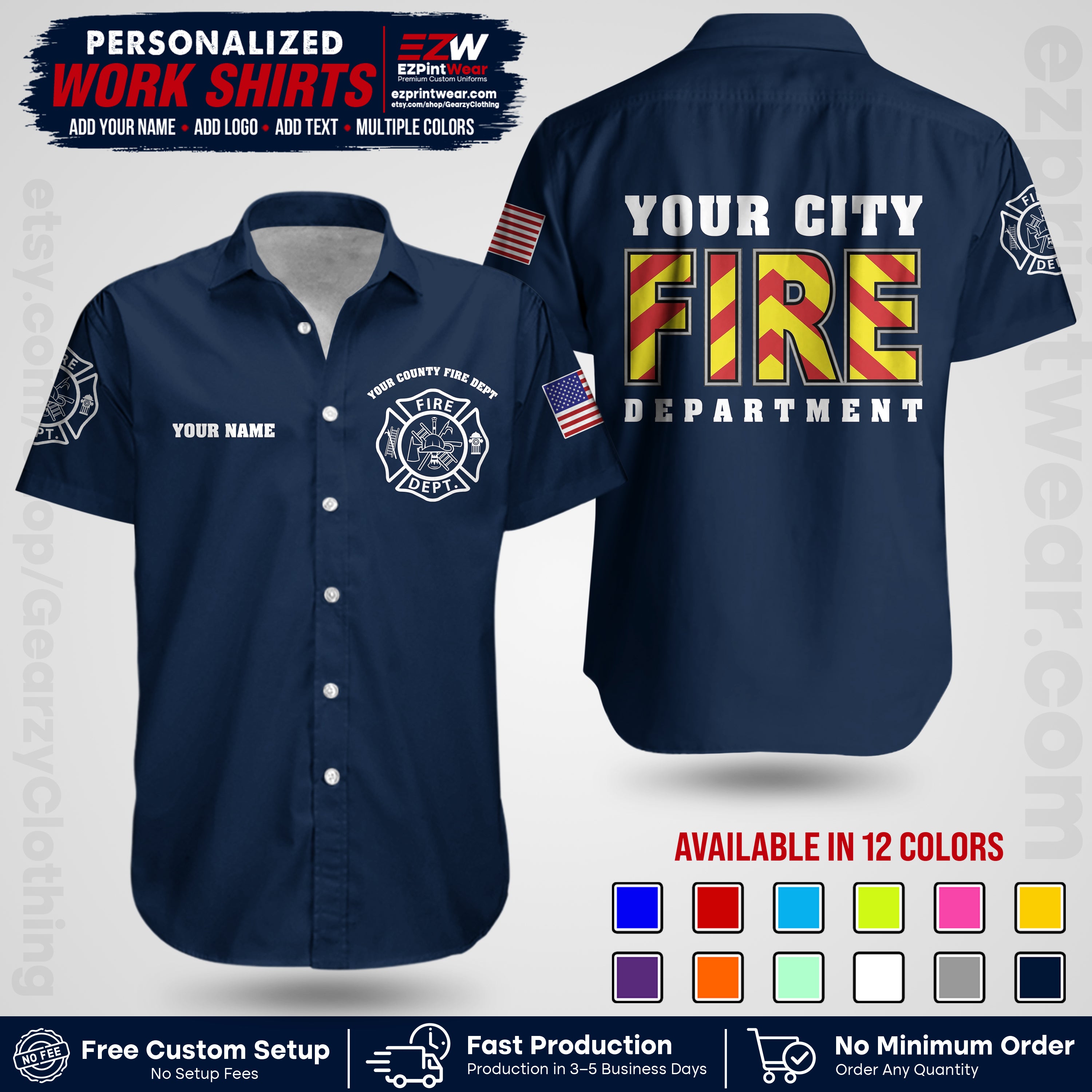 Custom Fire Department Shirt with Name, City Logo & Text | Firefighter Uniform | Button Up Work Shirt FF05