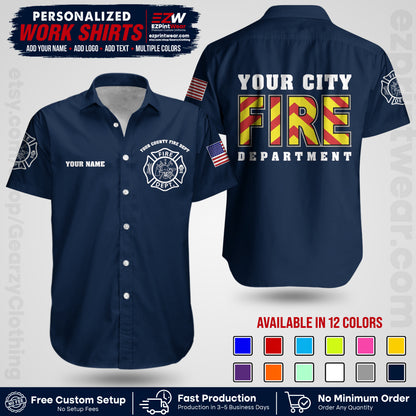 Custom Fire Department Shirt with Name, City Logo & Text | Firefighter Uniform | Button Up Work Shirt FF05