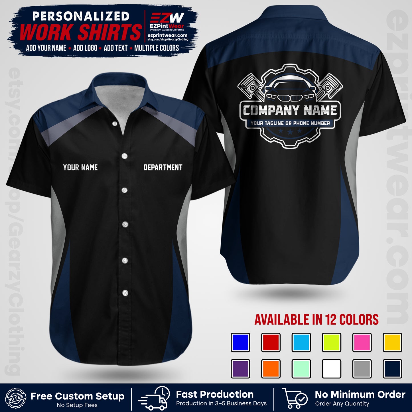 Custom Mechanic Work Shirt with Name, Logo & Text | Auto Shop Uniform | Workwear MCN 08