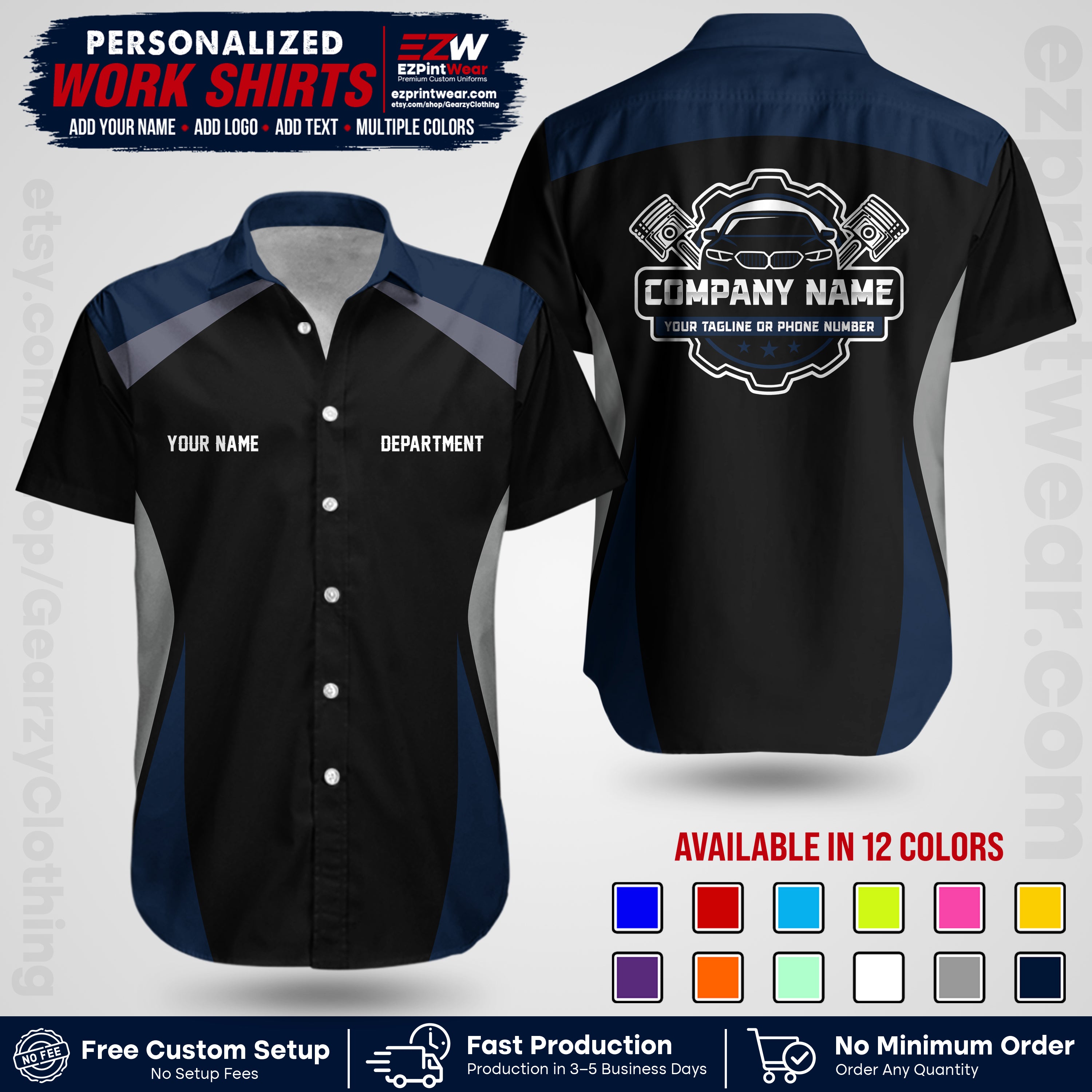 Custom Mechanic Work Shirt with Name, Logo & Text | Auto Shop Uniform | Workwear MCN 08