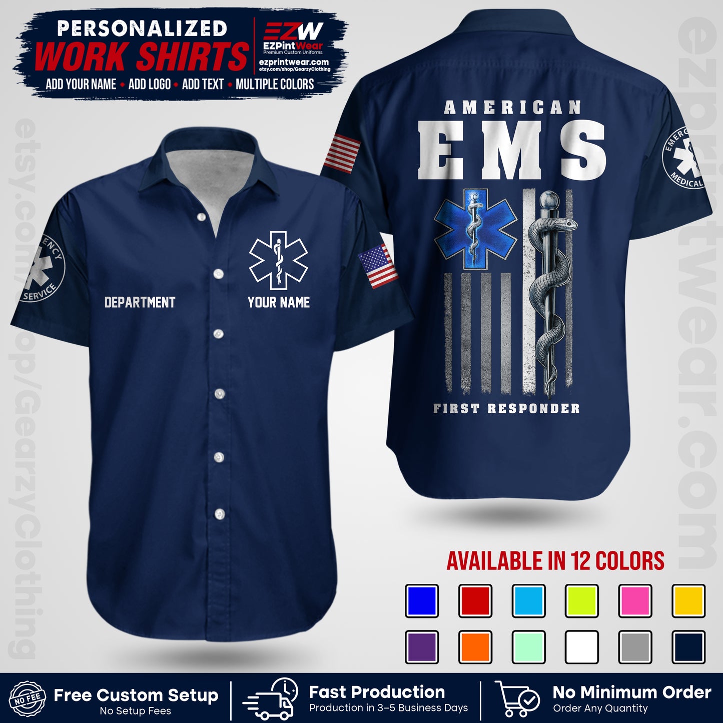 Custom EMS Shirt with Name, Logo & Text | EMS Team Uniform | First Responder Workwear EMSU03