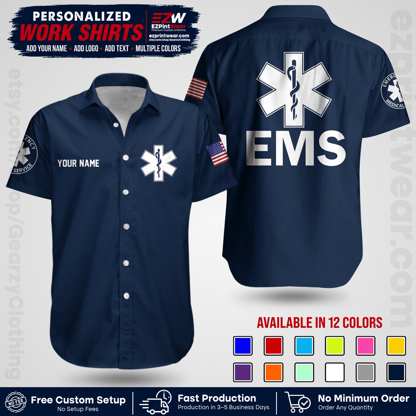 Custom EMS Shirt with Name, Logo & Text | EMS Team Uniform | First Responder Workwear EMSU02