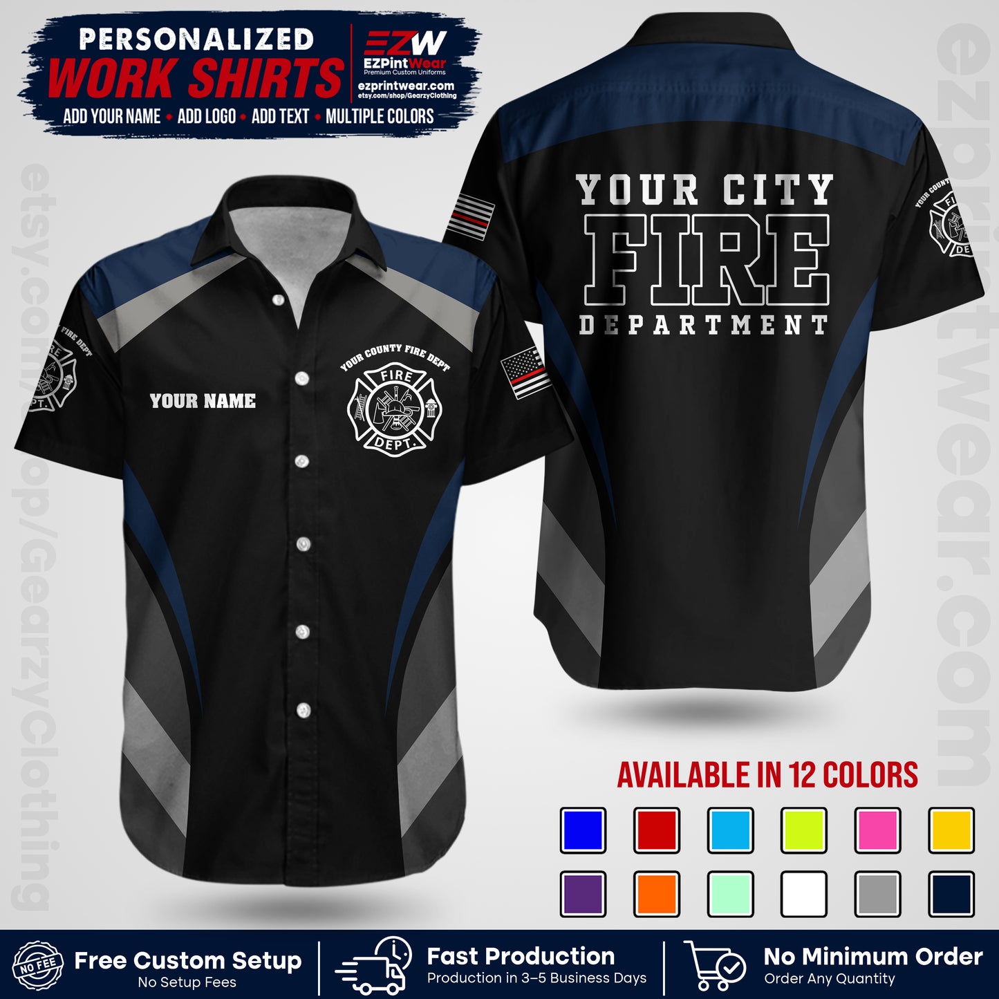 Custom Fire Department Shirt with Name, City Logo & Text | Firefighter Uniform | Button Up Work Shirt FF02