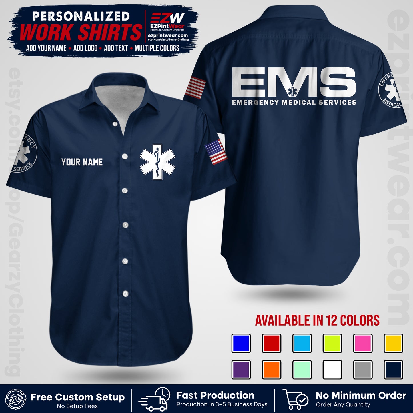 Custom EMS Shirt with Name, Logo & Text | EMS Team Uniform | First Responder Workwear EMSU01
