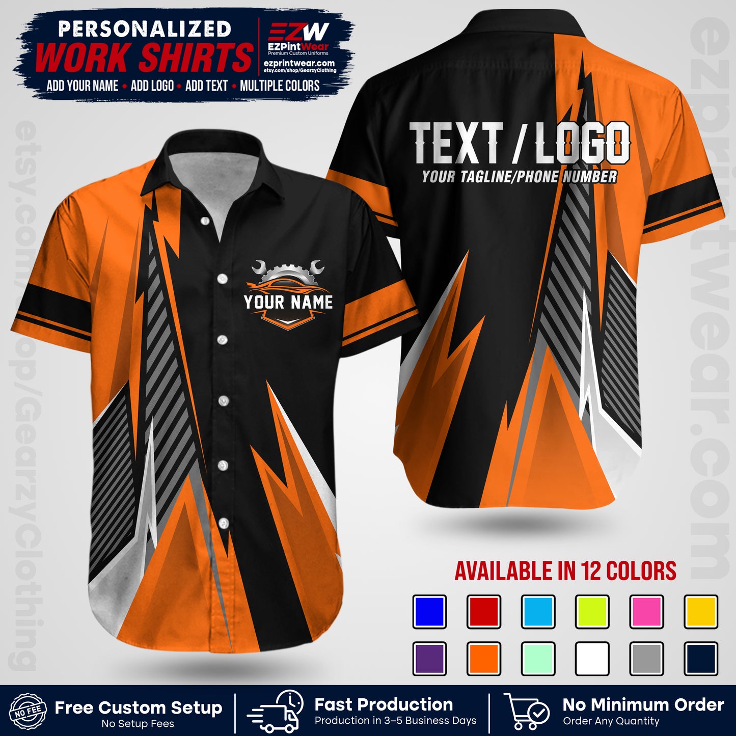 Custom Mechanic Work Shirt with Name, Logo & Text | Auto Shop Uniform | Workwear MCN 01