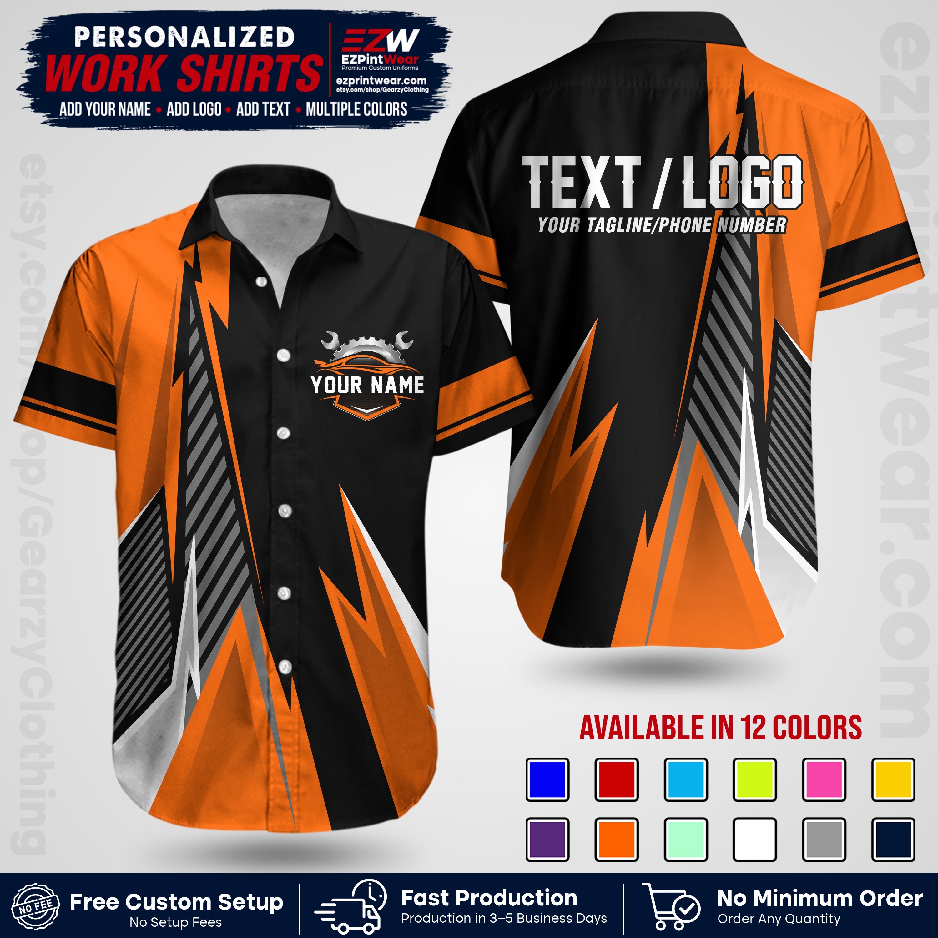 Custom Mechanic Work Shirt with Name, Logo & Text | Auto Shop Uniform | Workwear MCN 01