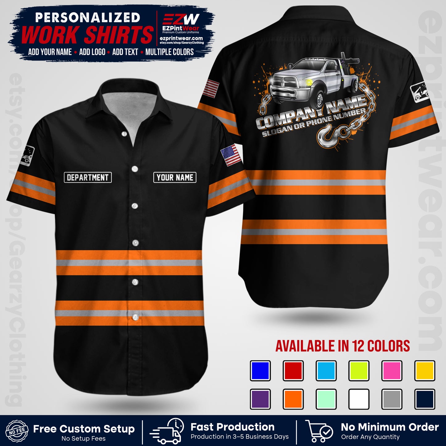 Custom Towing Workwear Uniform | Personalized Tow Truck Shirt | Non-Reflective Safety Stripe Apparel | Custom Towing Shirt | Tow Truck Apparel TW05