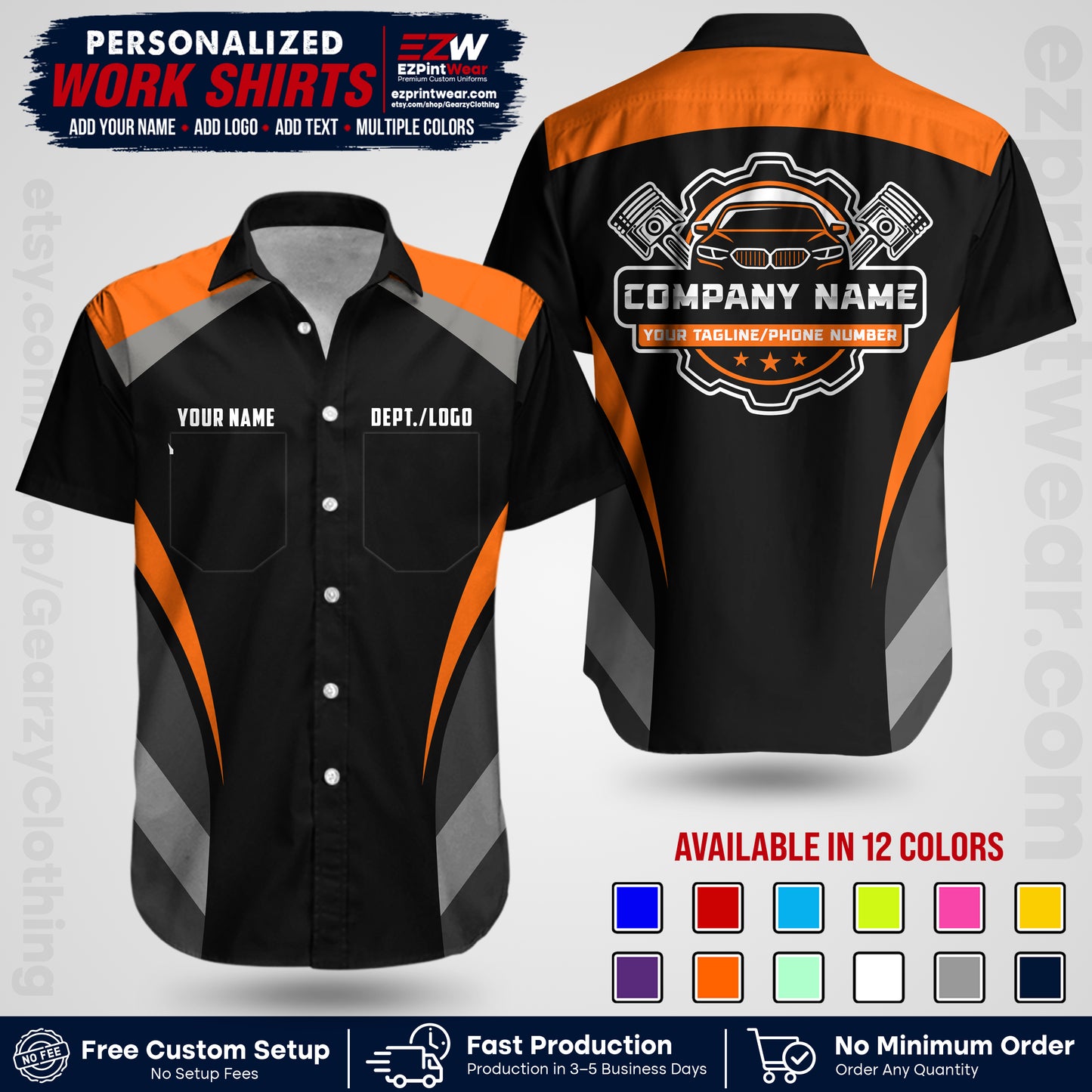 Custom Mechanic Work Shirt with Name, Logo & Text | Auto Shop Uniform | Workwear MCN 05