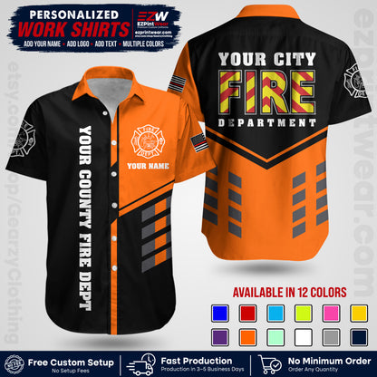 Custom Fire Department Shirt with Name, City Logo & Text | Firefighter Uniform | Button Up Work Shirt FF06
