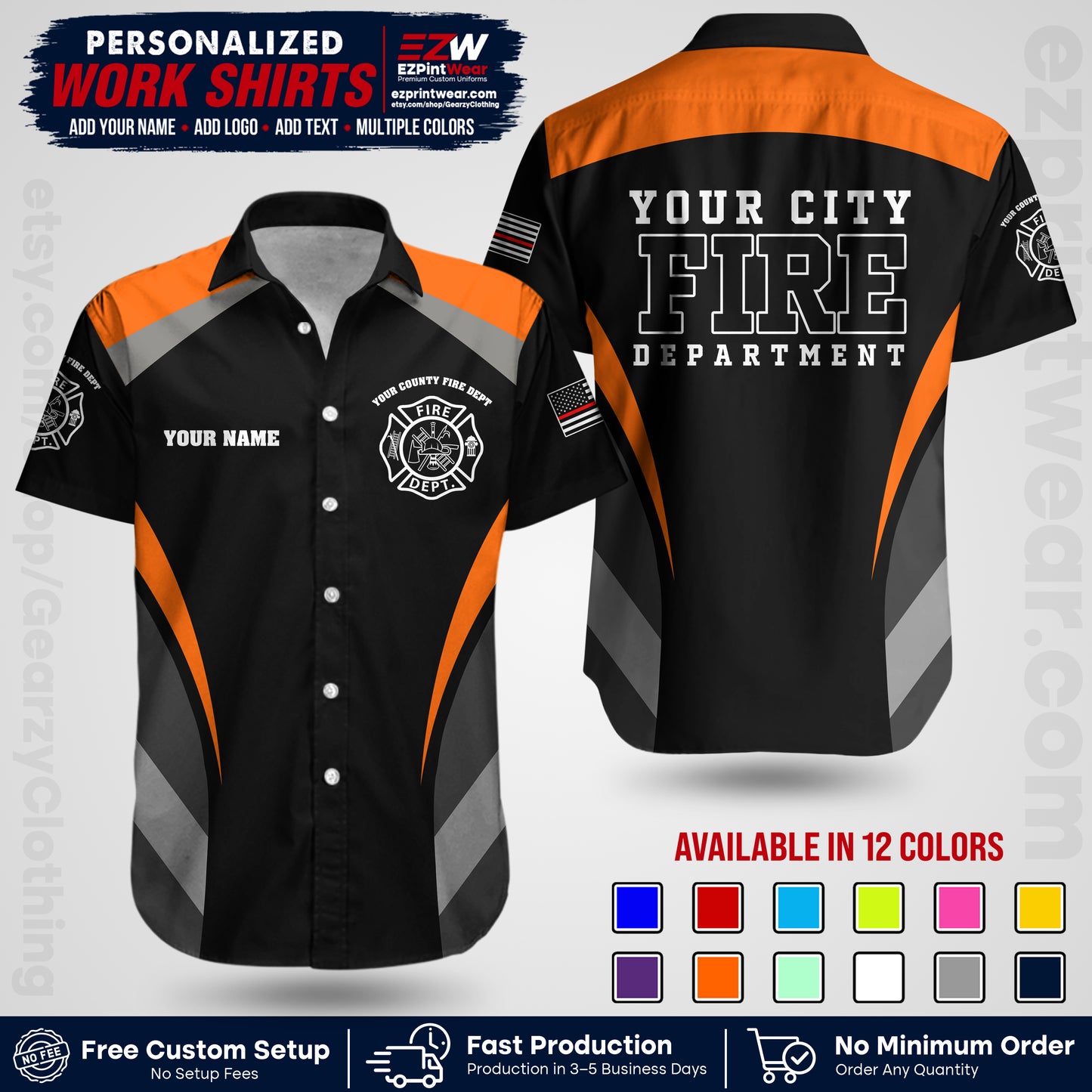 Custom Fire Department Shirt with Name, City Logo & Text | Firefighter Uniform | Button Up Work Shirt FF02