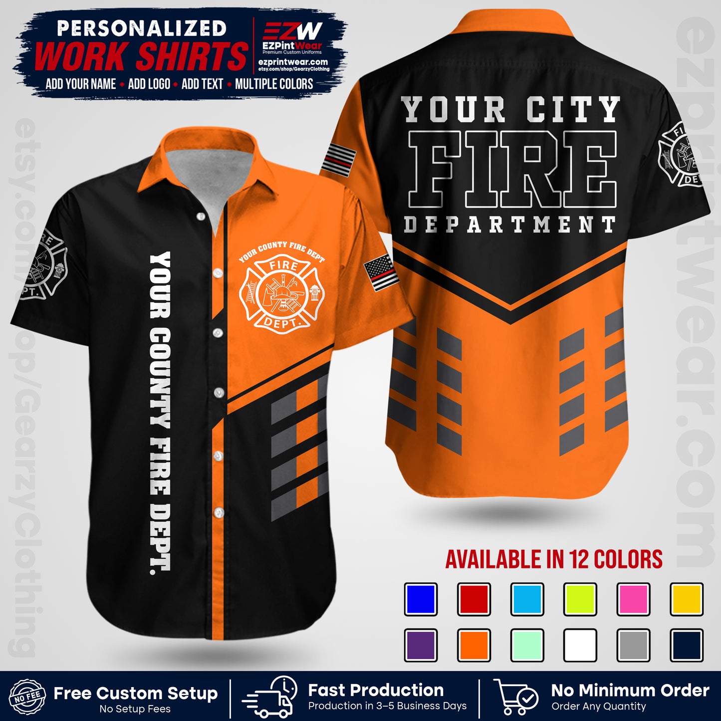 Custom Fire Department Shirt with Name, City Logo & Text | Firefighter Uniform | Button Up Work Shirt FF03