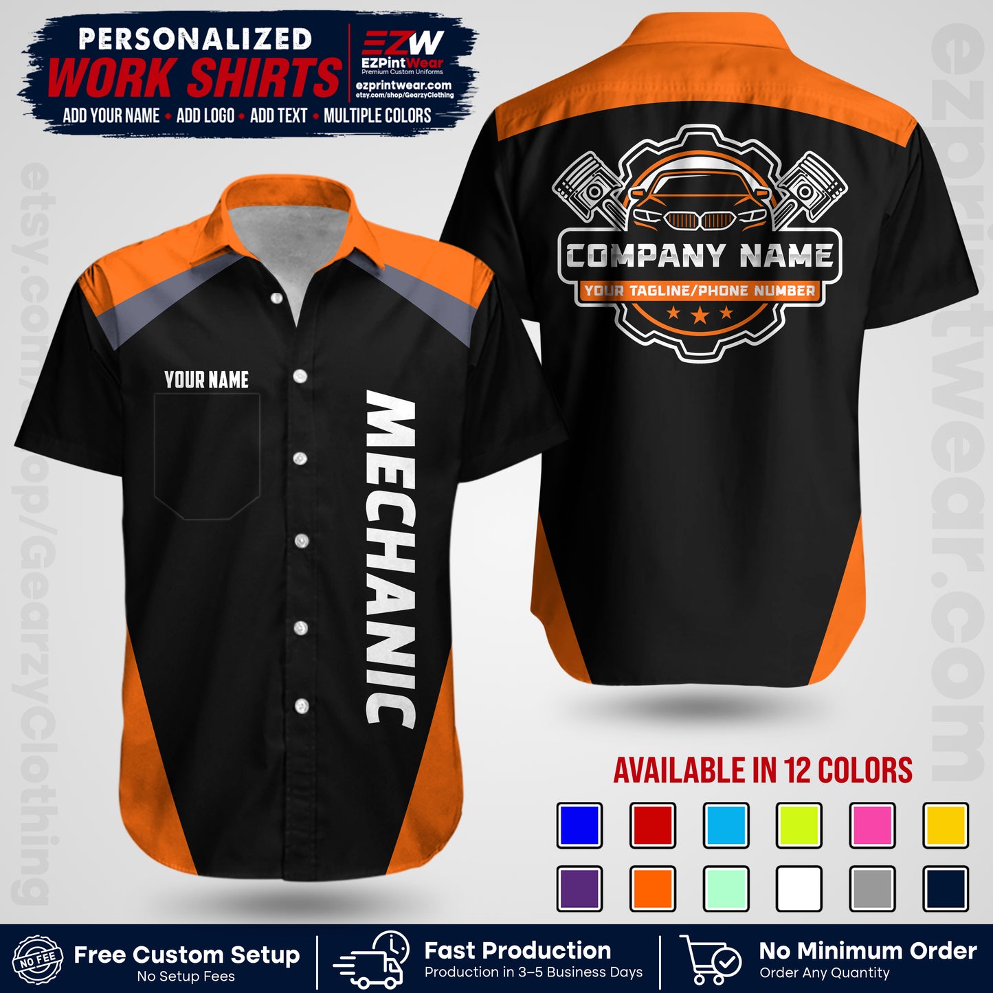 Custom Mechanic Work Shirt with Name, Logo & Text | Auto Shop Uniform | Workwear MCN 02