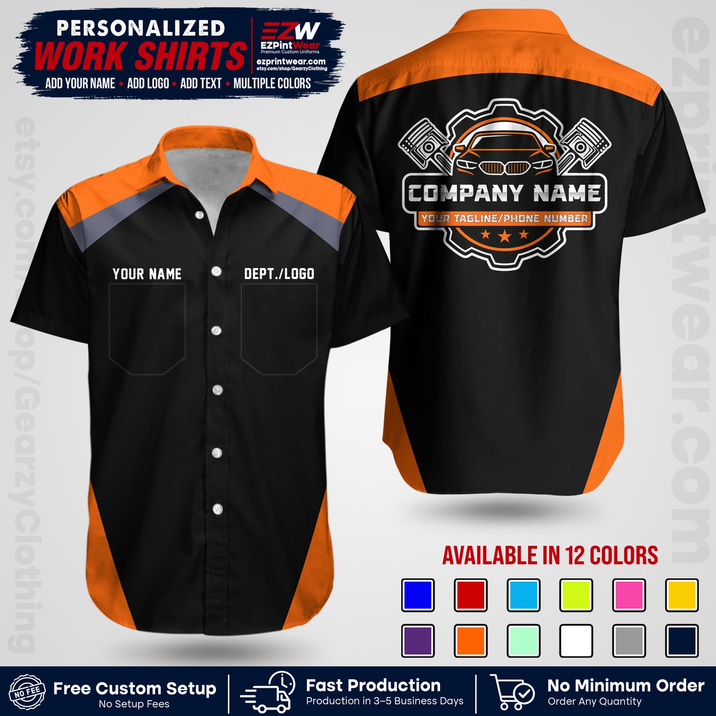 Custom Mechanic Work Shirt with Name, Logo & Text | Auto Shop Uniform | Workwear MCN 03