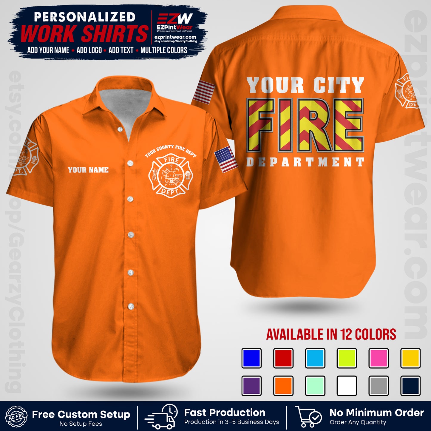 Custom Fire Department Shirt with Name, City Logo & Text | Firefighter Uniform | Button Up Work Shirt FF05