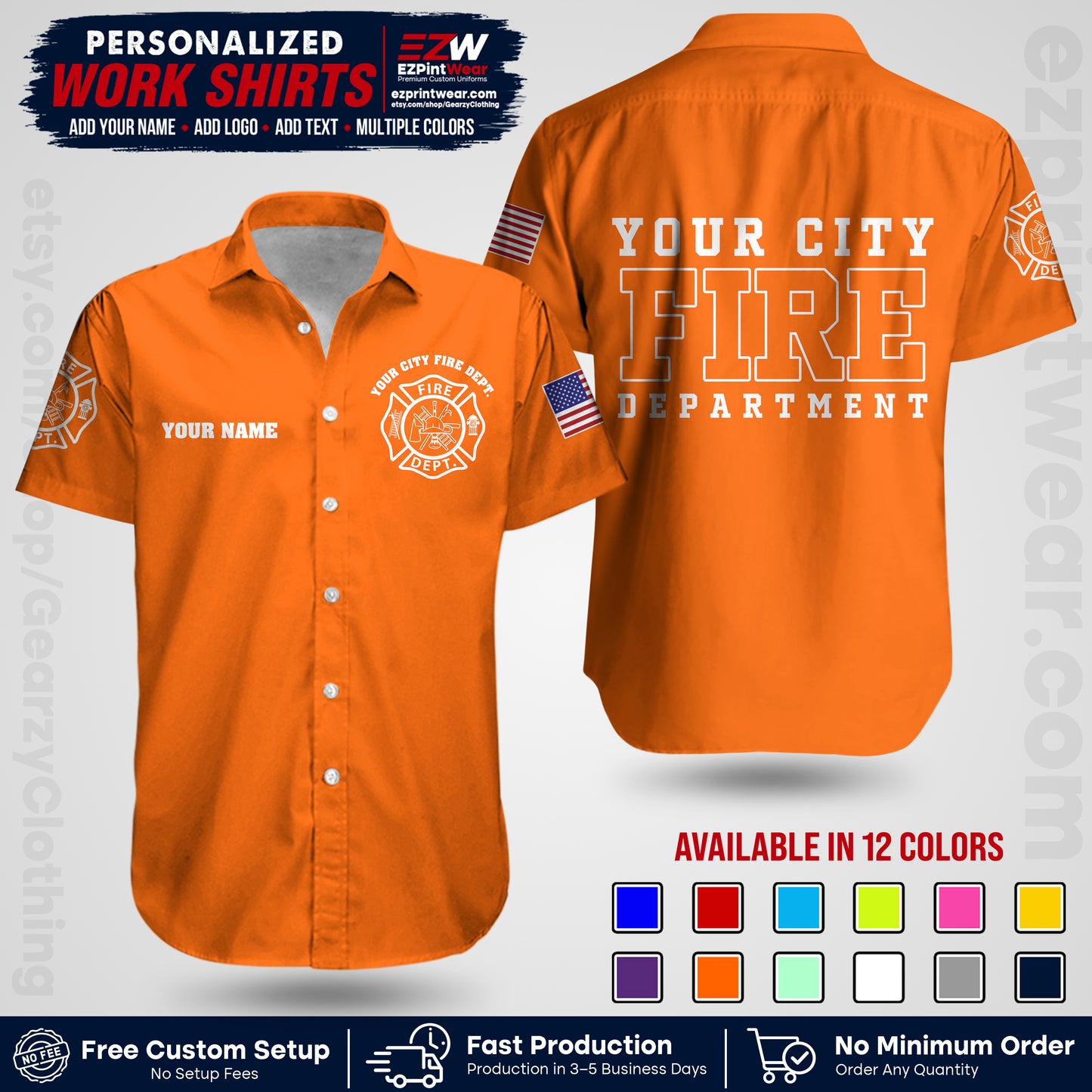 Custom Fire Department Shirt with Name, City Logo & Text | Firefighter Uniform | Button Up Work Shirt FF01