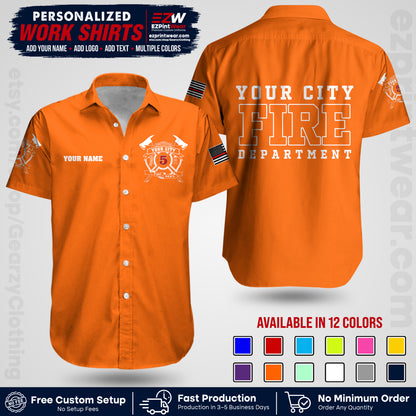 Custom Fire Department Shirt with Name, City Logo & Text | Firefighter Uniform | Button Up Work Shirt FF07