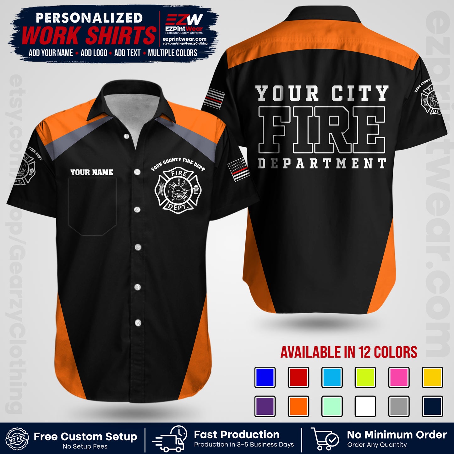 Custom Fire Department Shirt with Name, City Logo & Text | Firefighter Uniform | Button Up Work Shirt FF04