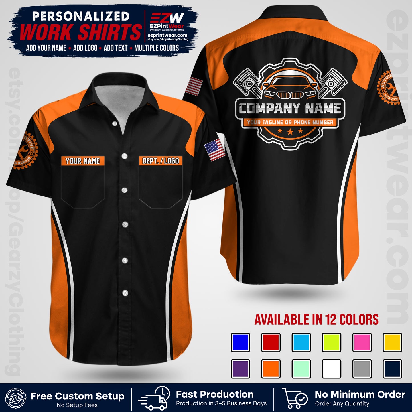 Custom Mechanic Work Shirt with Name, Logo & Text | Auto Shop Uniform | Workwear MCN 10