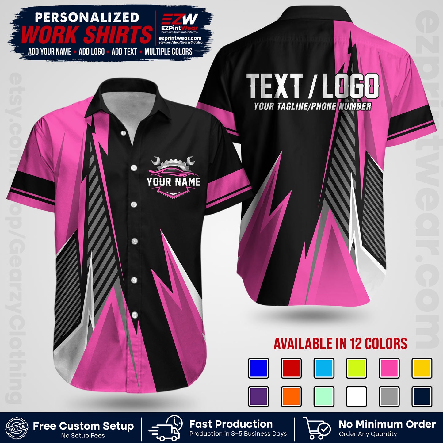 Custom Mechanic Work Shirt with Name, Logo & Text | Auto Shop Uniform | Workwear MCN 01