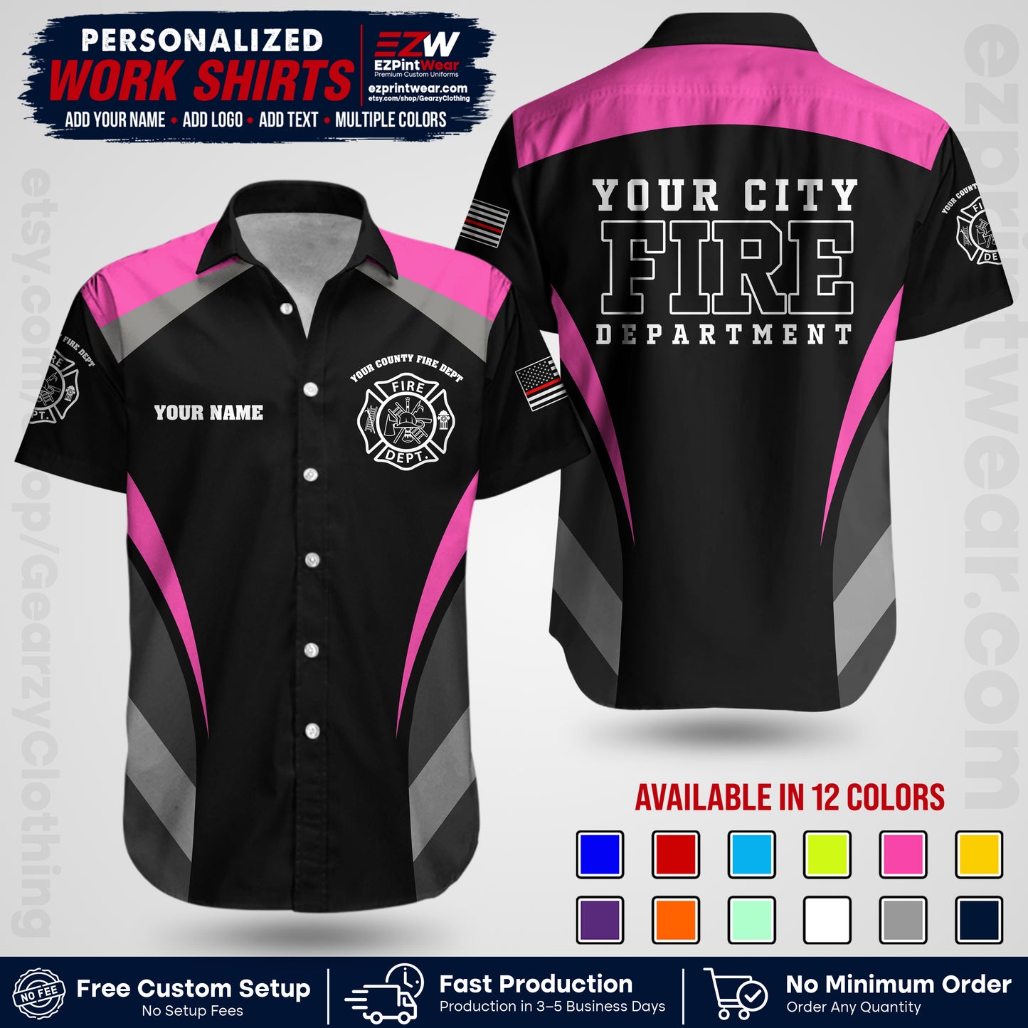 Custom Fire Department Shirt with Name, City Logo & Text | Firefighter Uniform | Button Up Work Shirt FF02