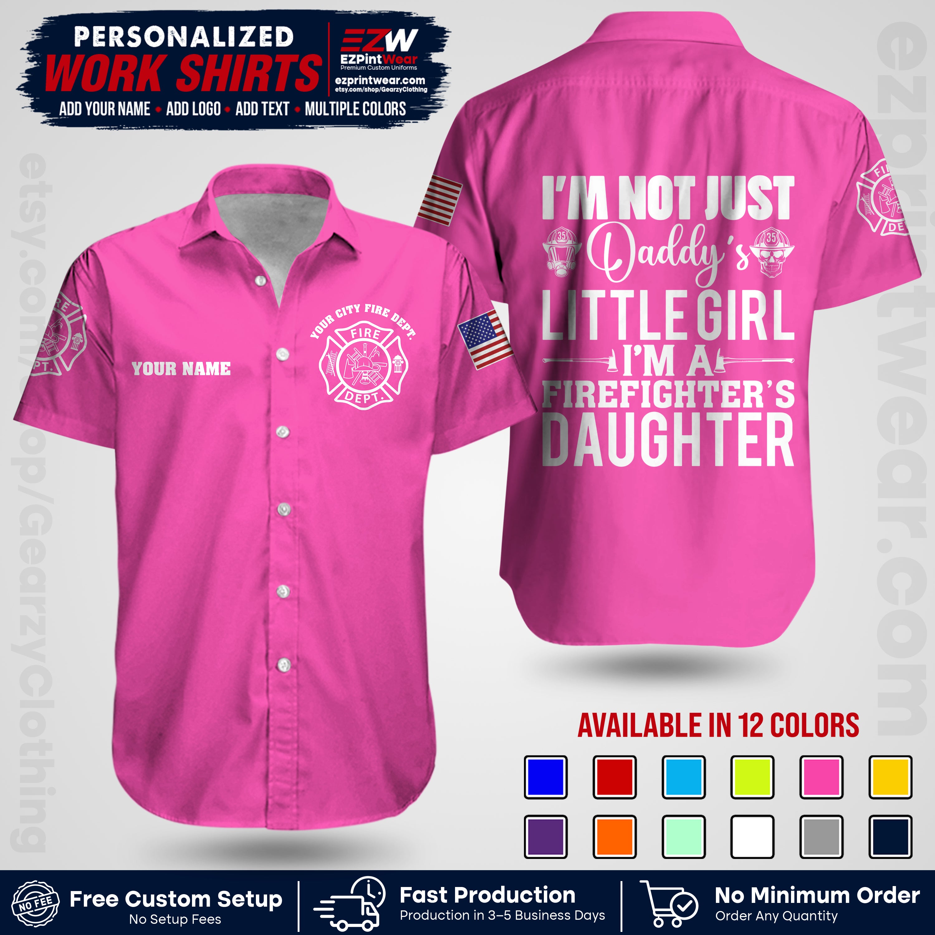 Custom Fire Department Shirt with Name, City Logo & Text | Firefighter Uniform | Button Up Work Shirt FF08